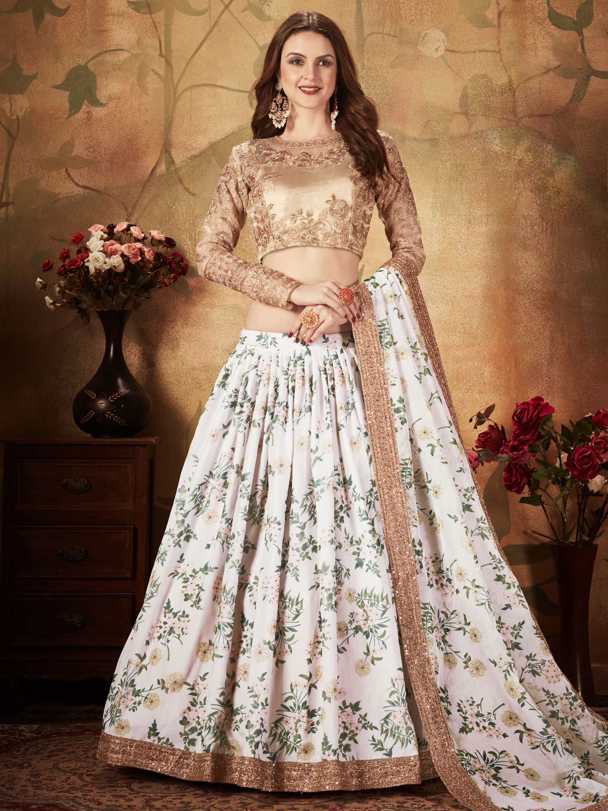 Glamorous White Floral Printed Organza Sangeet Wear Lehenga Choli