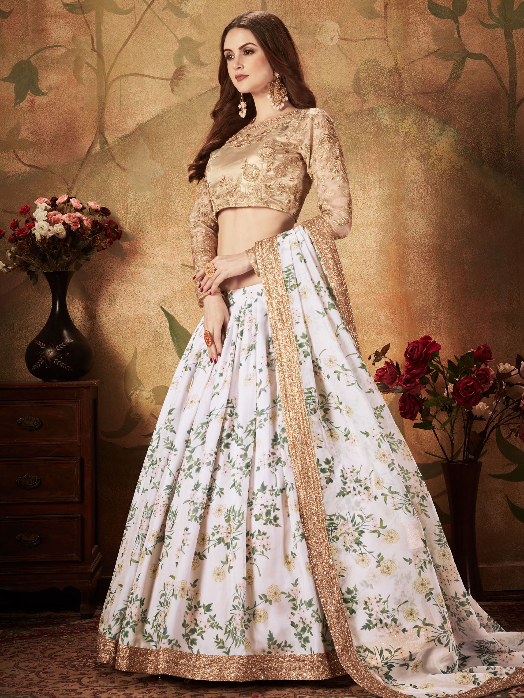 Glamorous White Floral Printed Organza Sangeet Wear Lehenga Choli