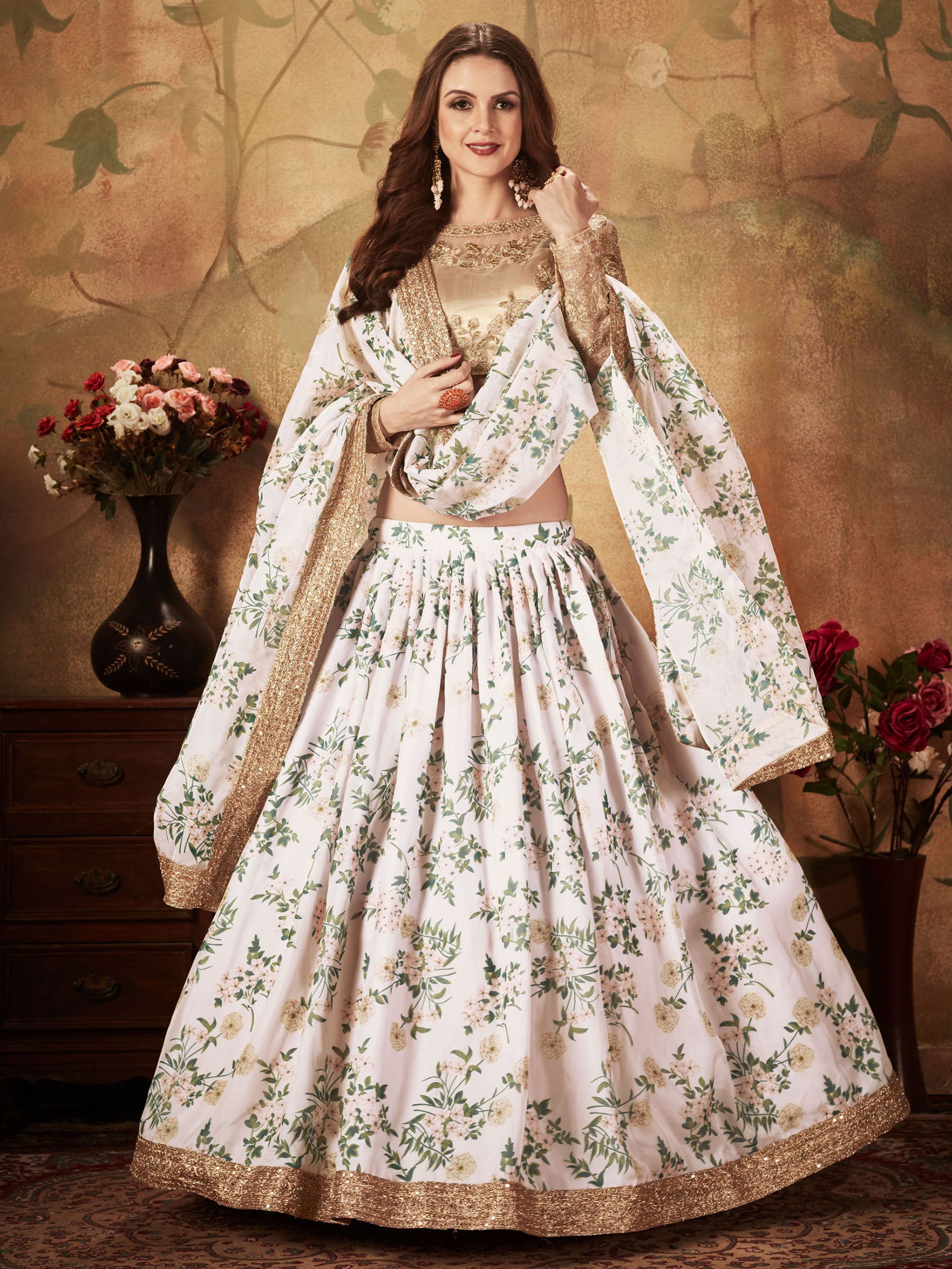 Glamorous White Floral Printed Organza Sangeet Wear Lehenga Choli