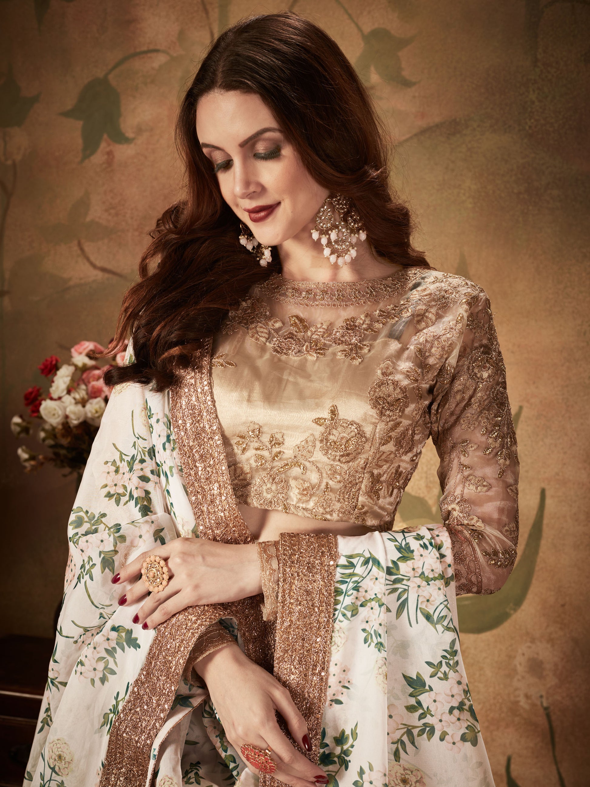 Glamorous White Floral Printed Organza Sangeet Wear Lehenga Choli