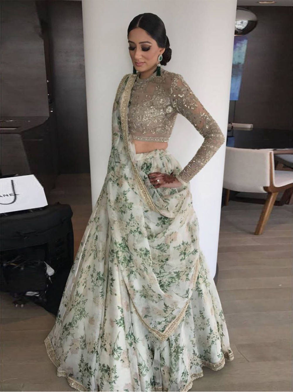 Glamorous White Floral Printed Organza Sangeet Wear Lehenga Choli