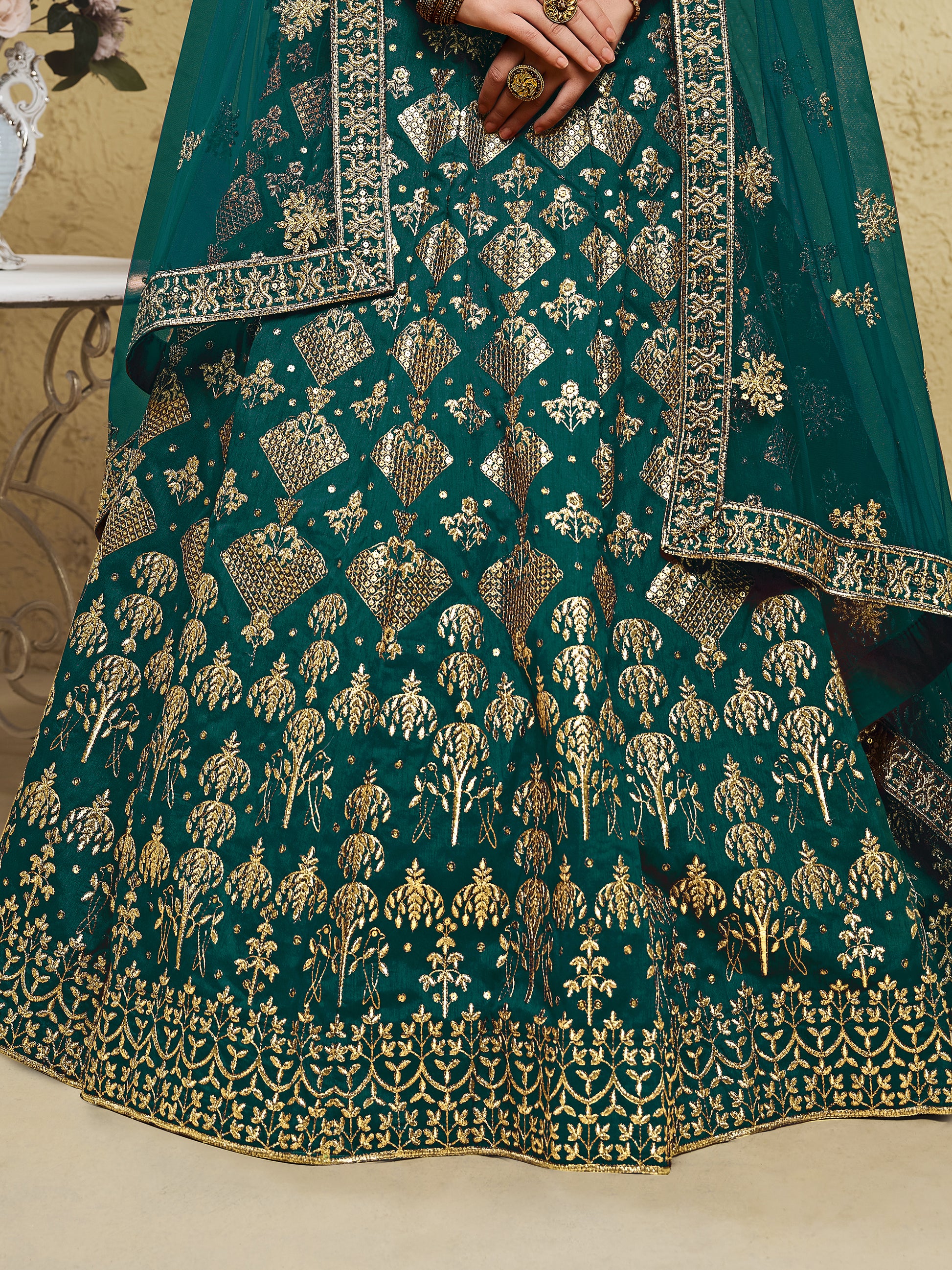 Astonishing Green Sequins Work Slub Silk Party Wear Lehenga Choli With Dupatta