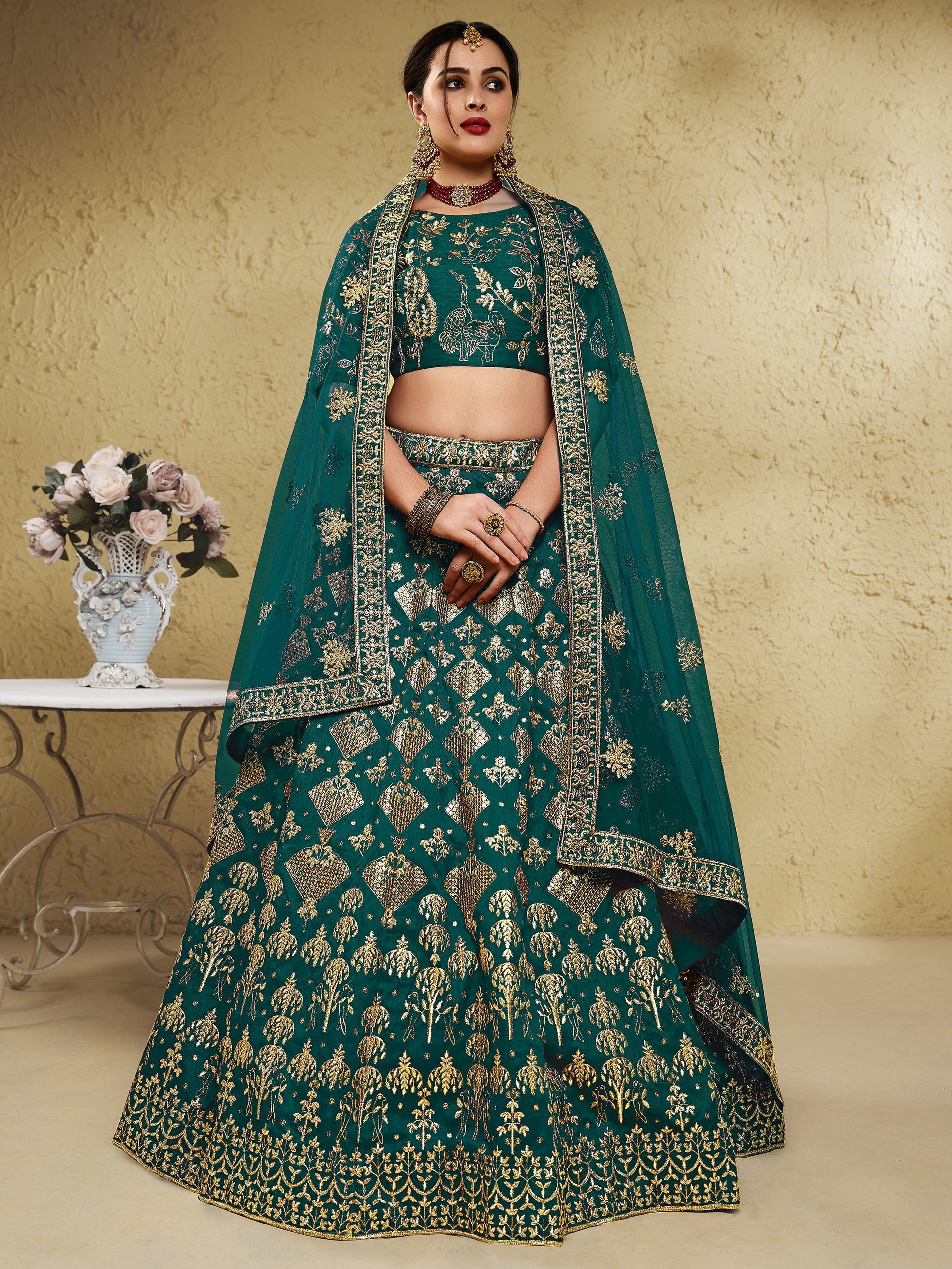 Astonishing Green Sequins Work Slub Silk Party Wear Lehenga Choli With Dupatta
