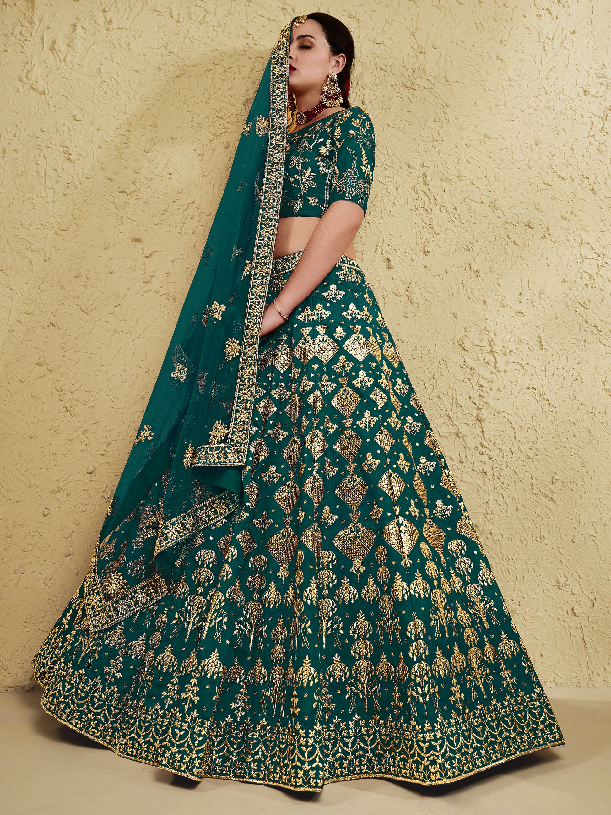 Astonishing Green Sequins Work Slub Silk Party Wear Lehenga Choli With Dupatta