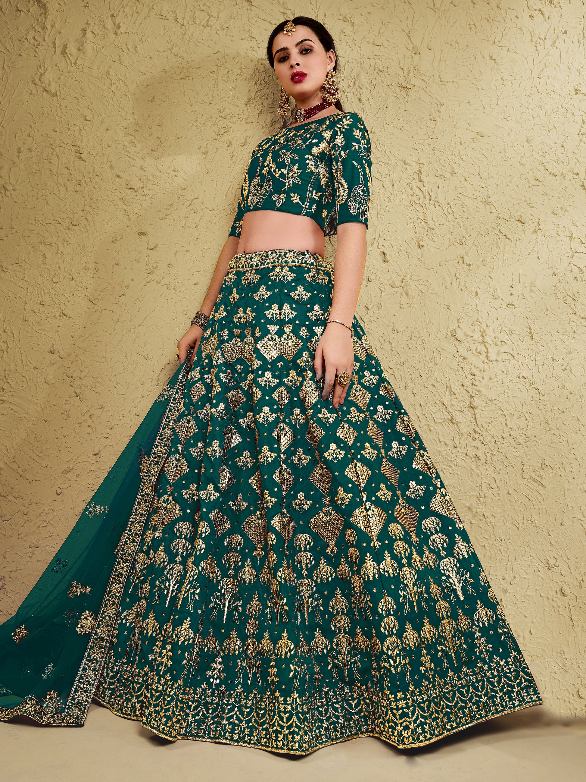 Astonishing Green Sequins Work Slub Silk Party Wear Lehenga Choli With Dupatta