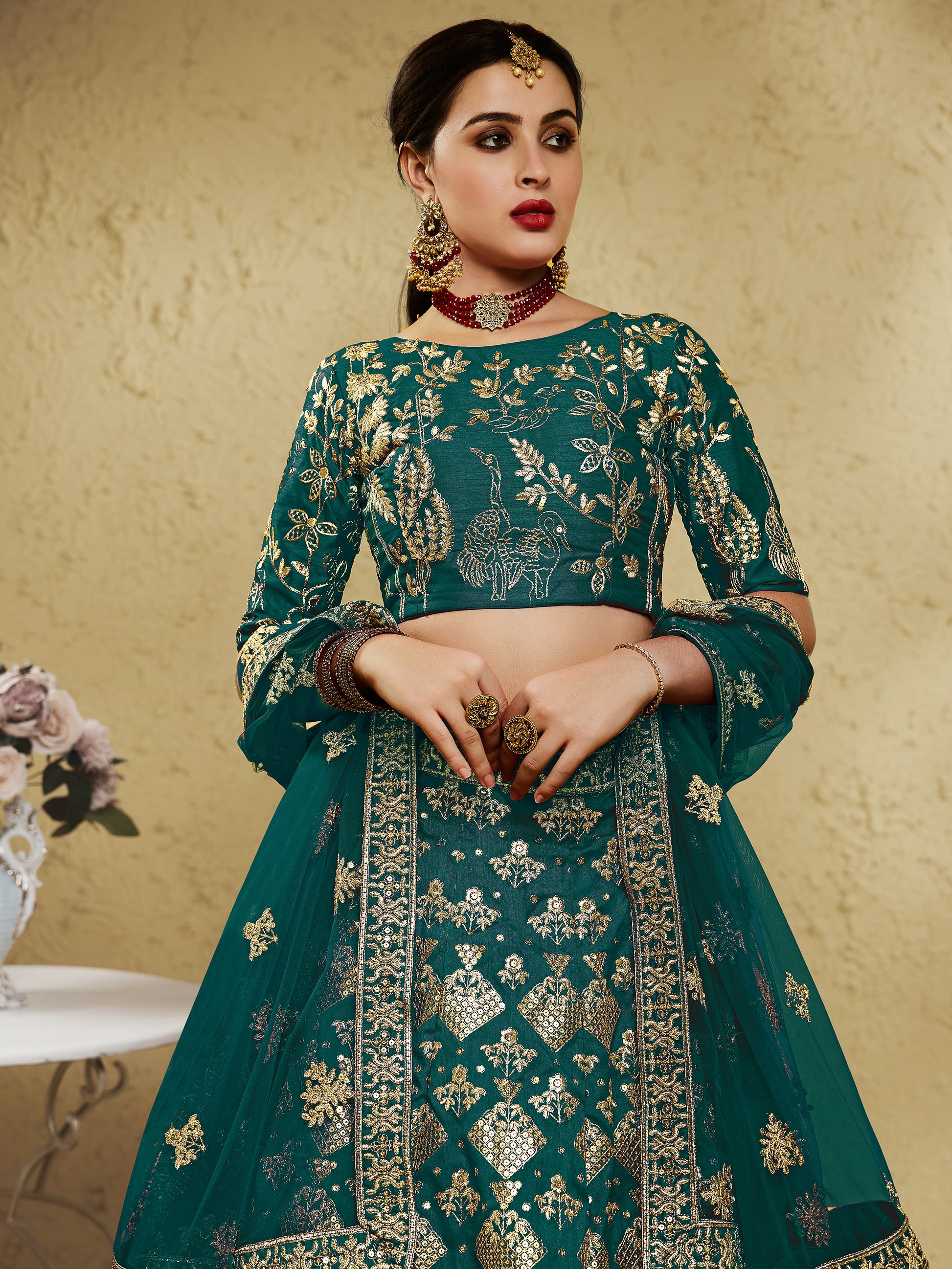 Astonishing Green Sequins Work Slub Silk Party Wear Lehenga Choli With Dupatta