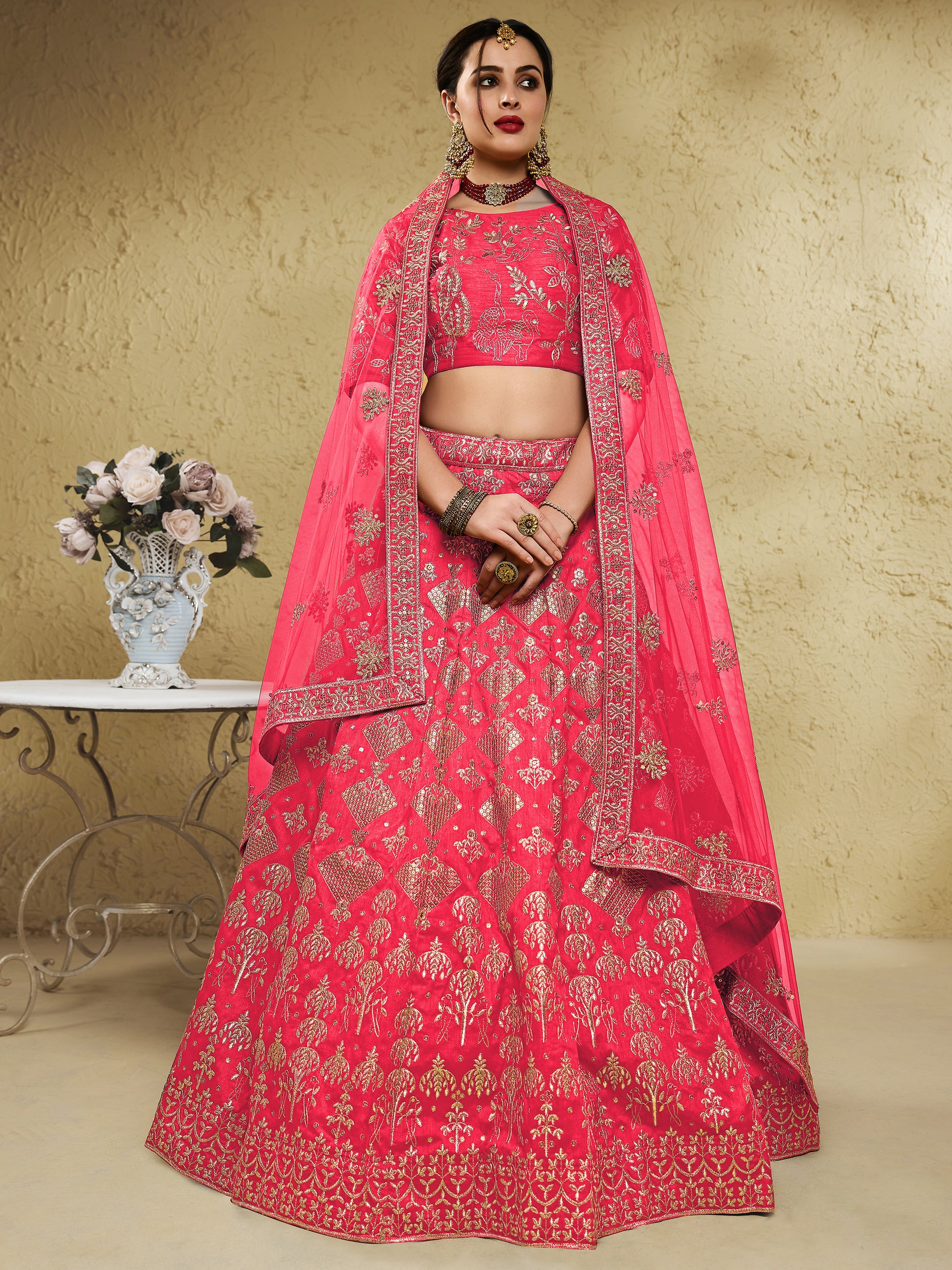 Spectacular Peach Sequins Work Slub Silk Traditional Wear Lehenga Choli