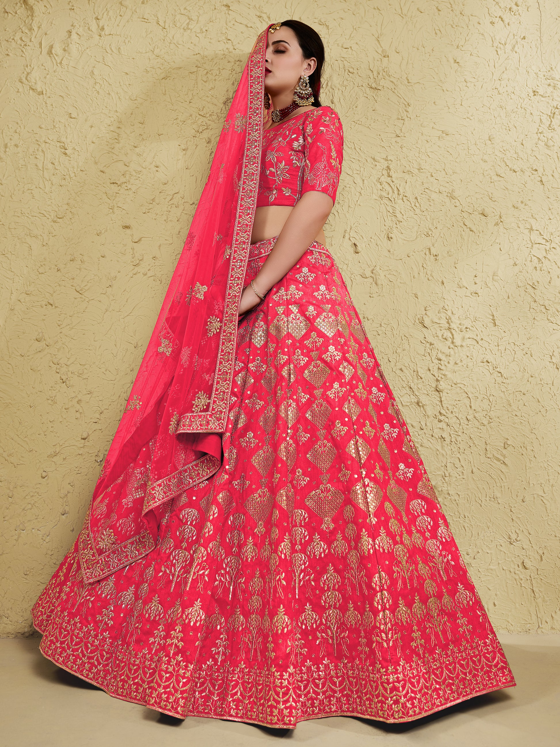 Spectacular Peach Sequins Work Slub Silk Traditional Wear Lehenga Choli
