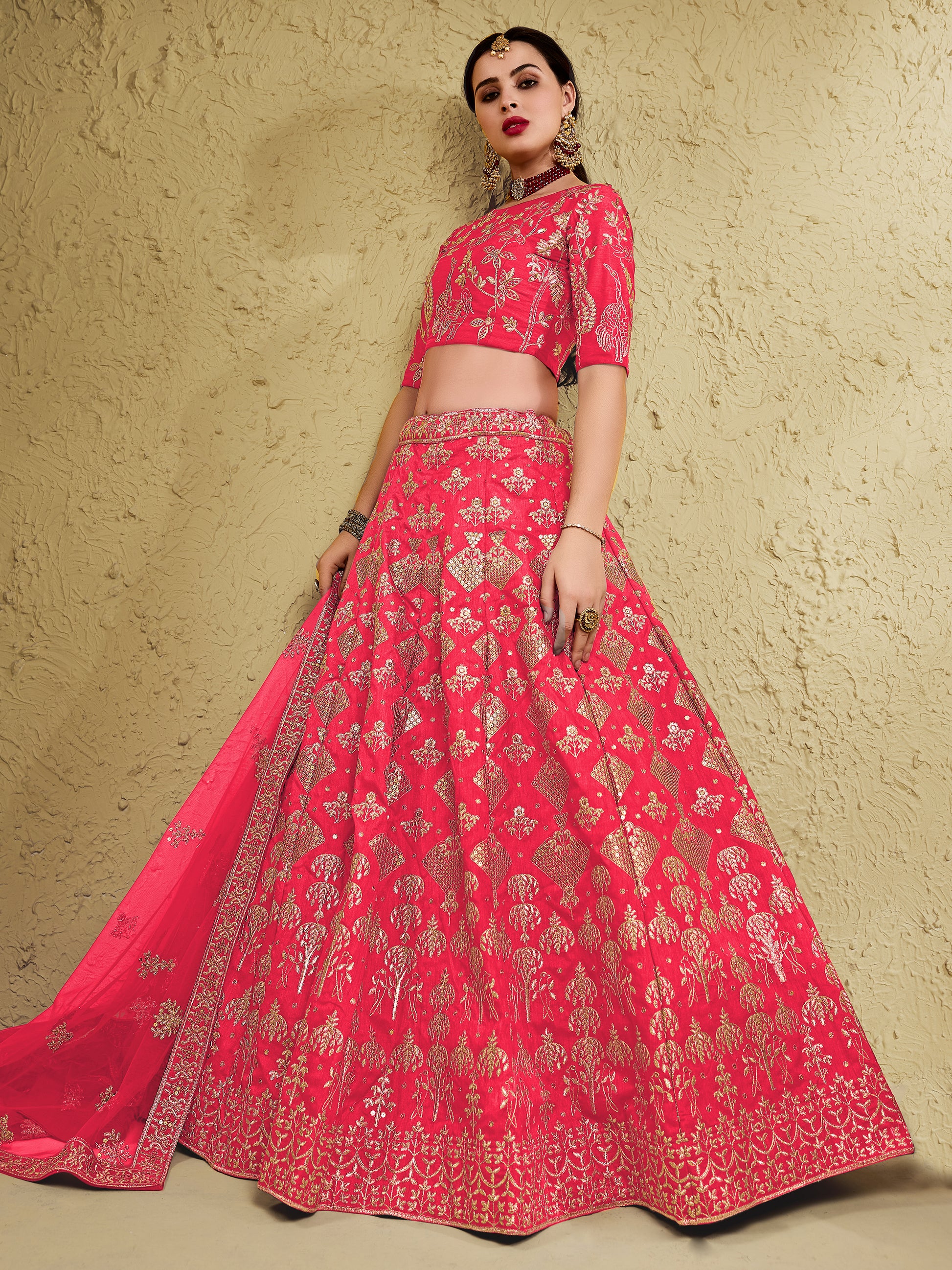 Spectacular Peach Sequins Work Slub Silk Traditional Wear Lehenga Choli