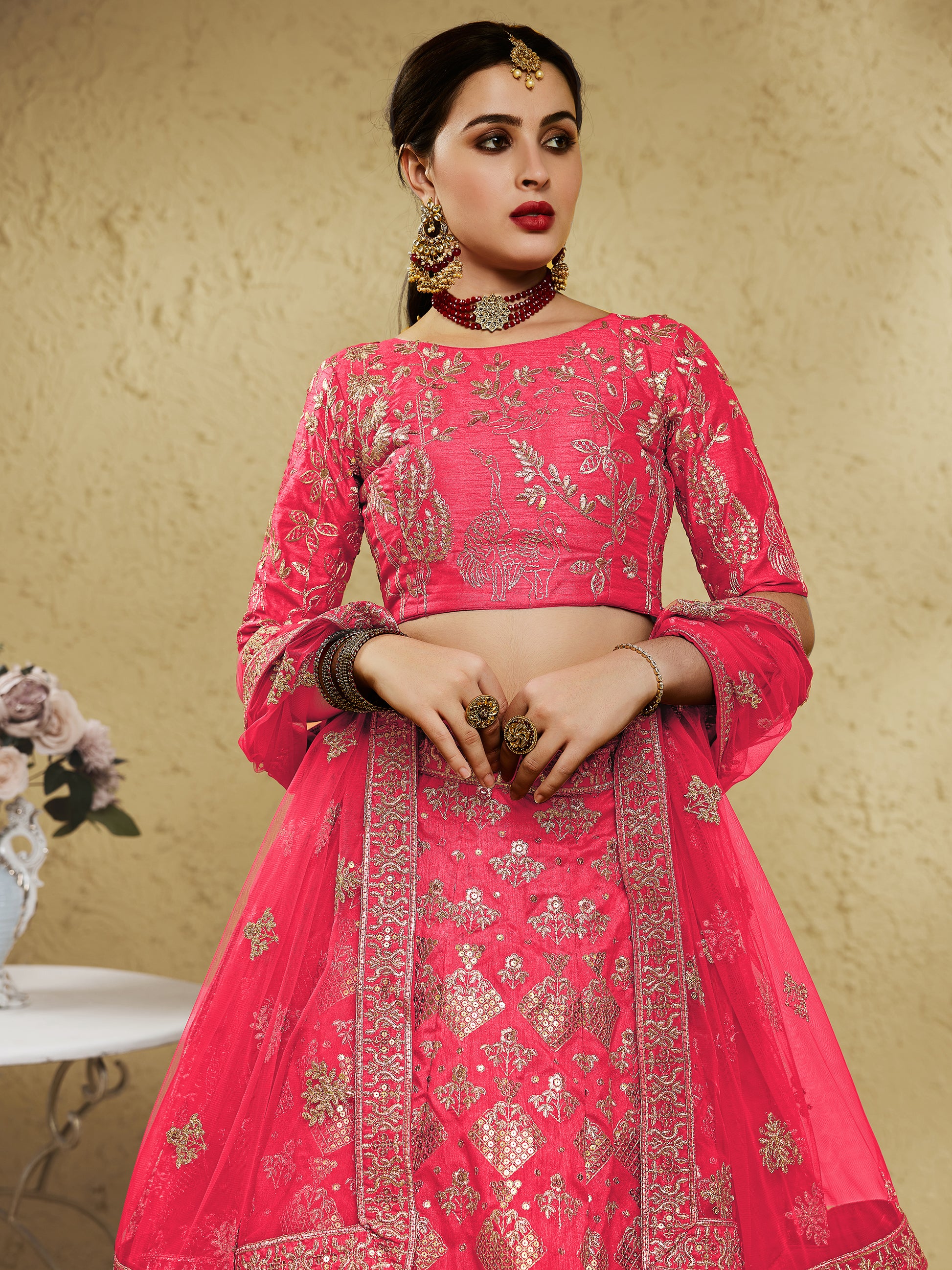Spectacular Peach Sequins Work Slub Silk Traditional Wear Lehenga Choli