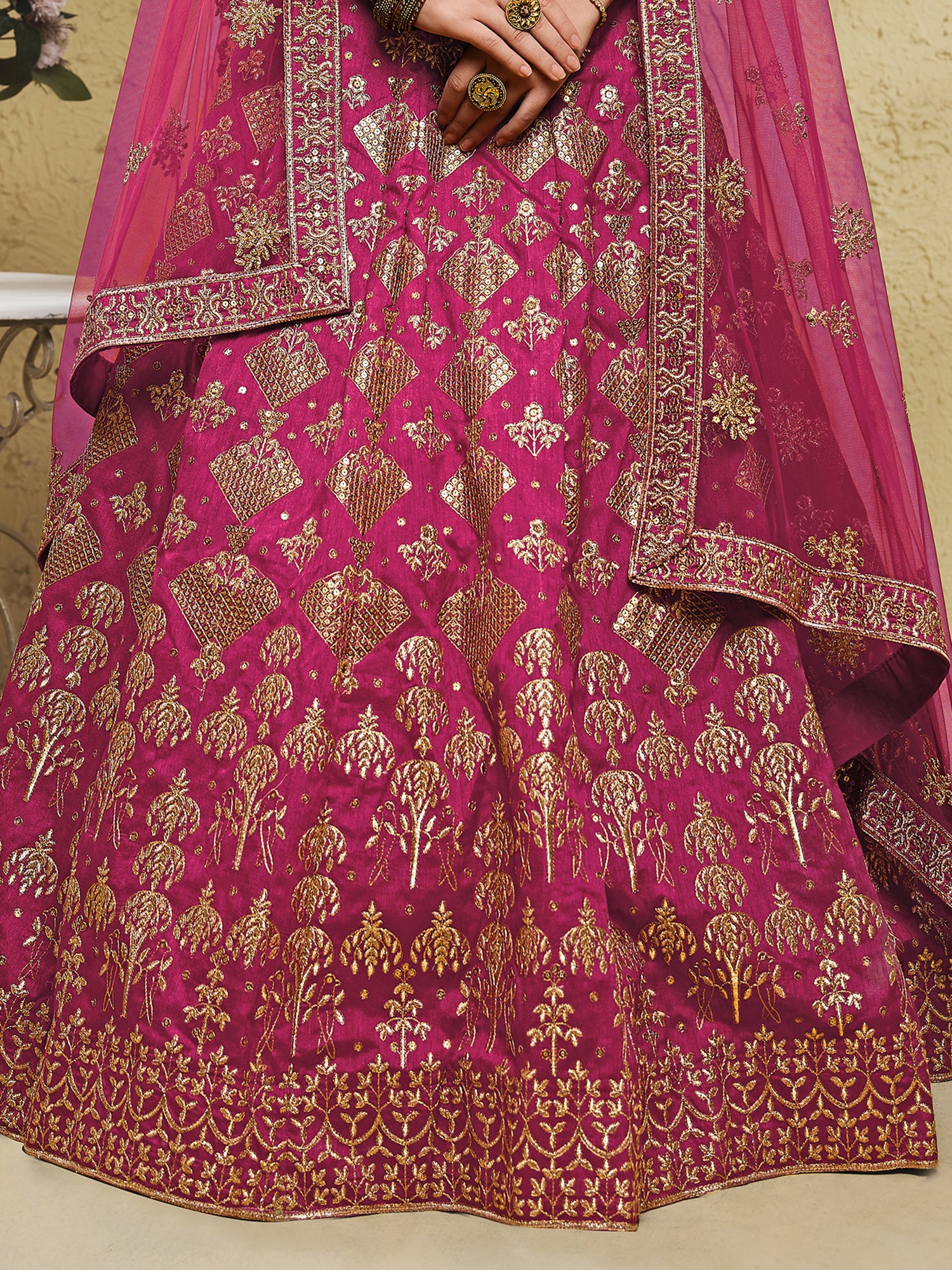 Stunning Pink Thread Embroidered Slub Silk Wedding Wear Lehenga Choli