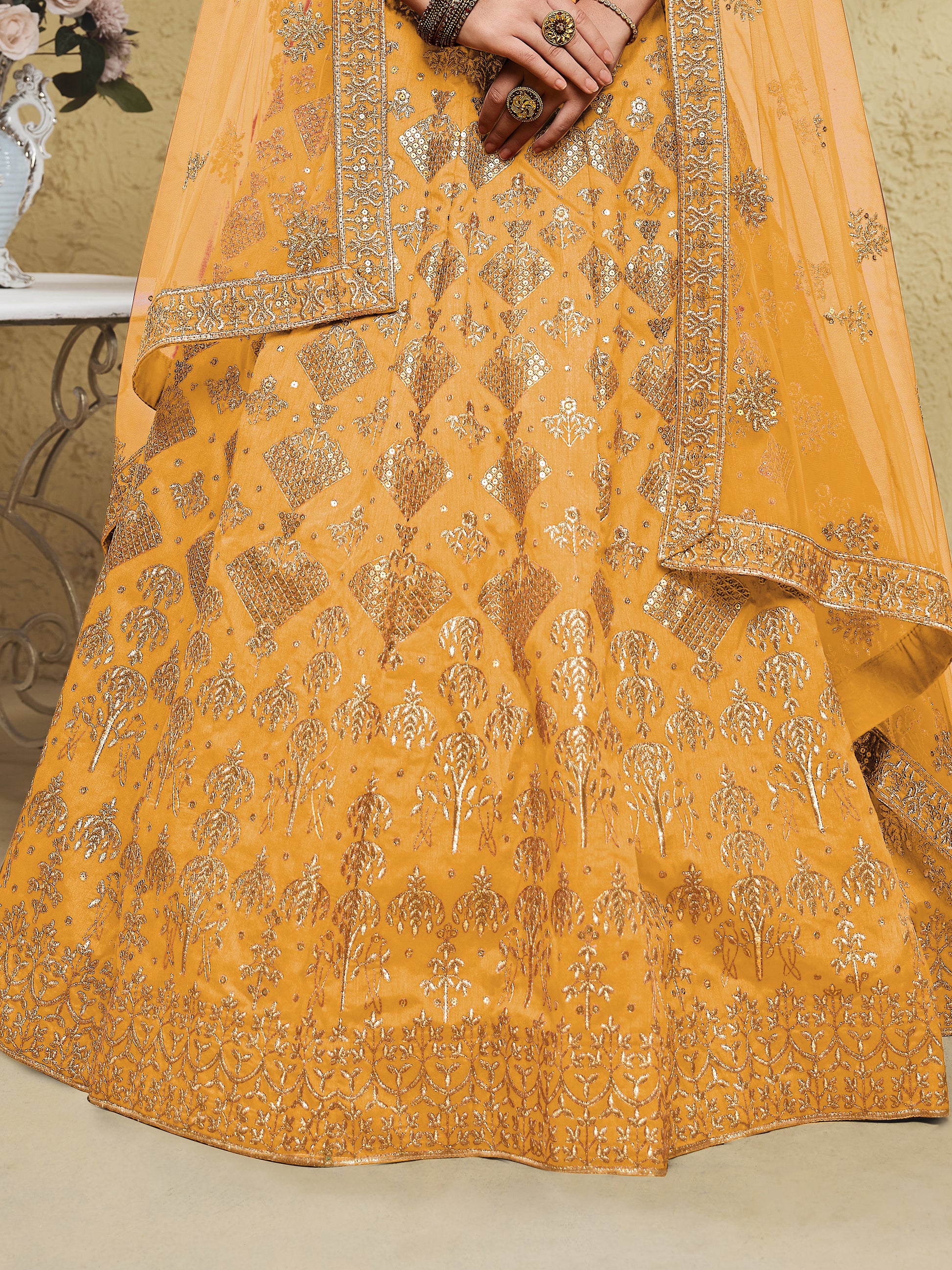 Magnetic Yellow Sequins Embroidered Slub Silk Haldi Wear Lehenga Choli