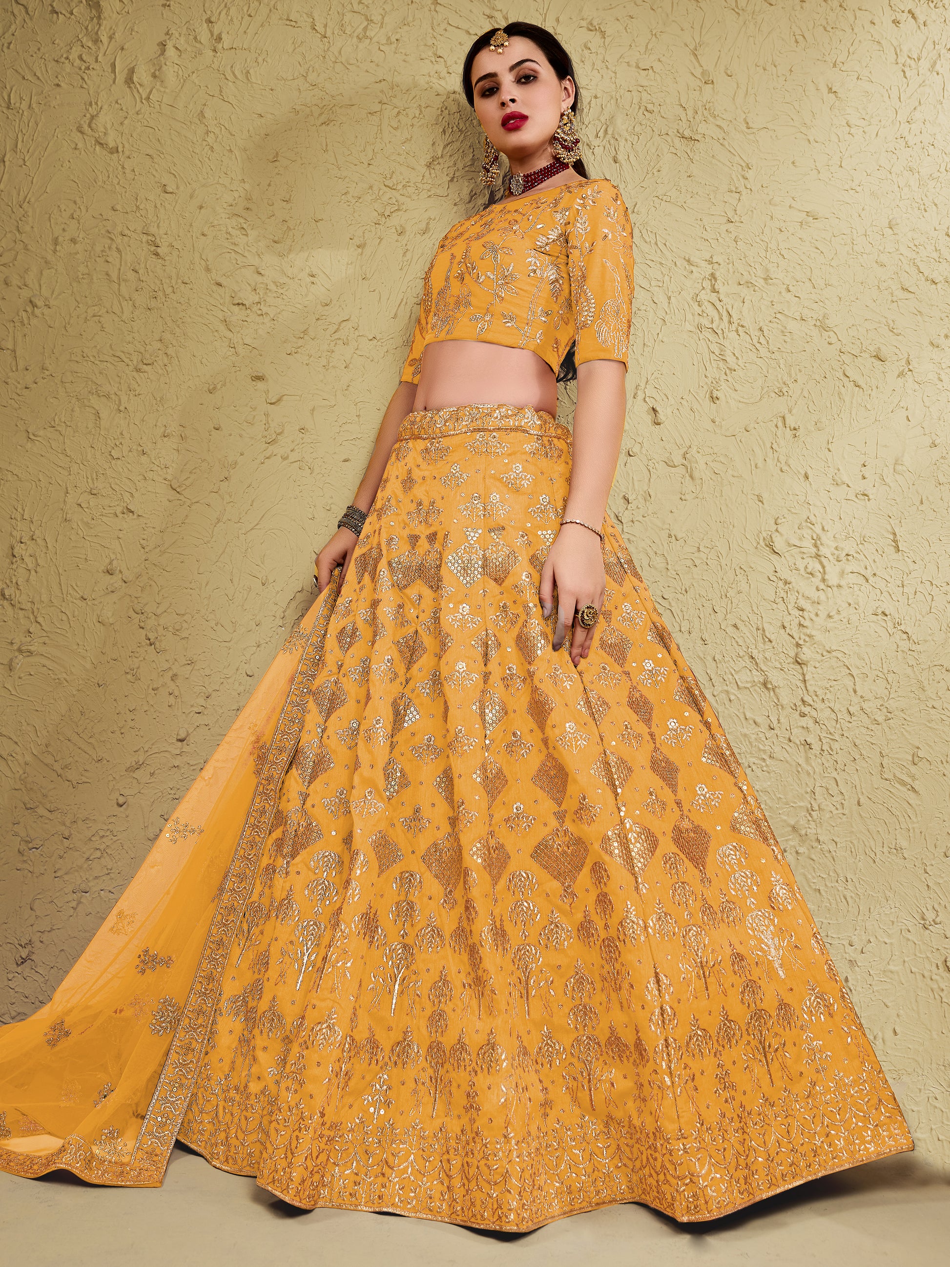 Magnetic Yellow Sequins Embroidered Slub Silk Haldi Wear Lehenga Choli