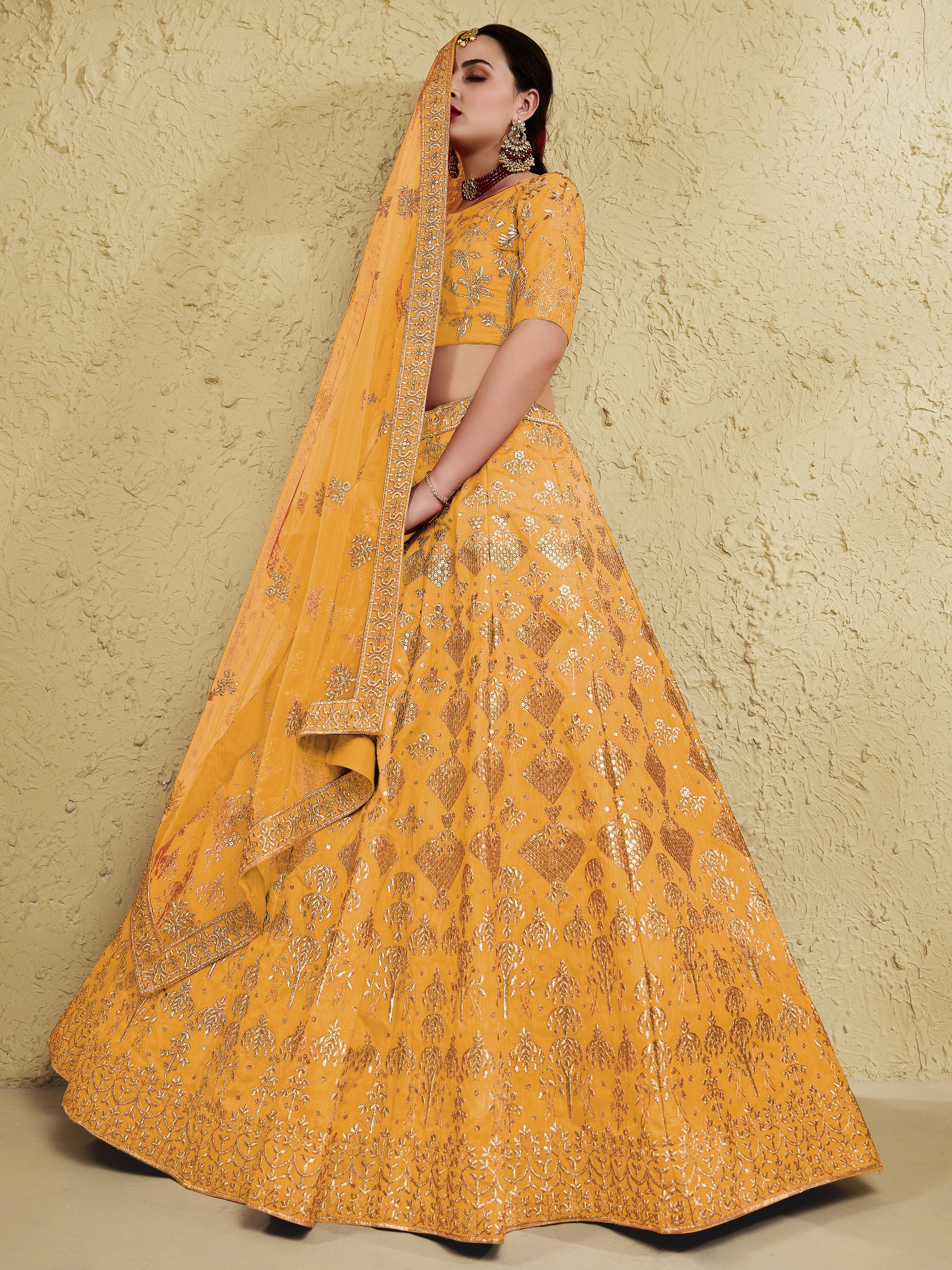 Magnetic Yellow Sequins Embroidered Slub Silk Haldi Wear Lehenga Choli
