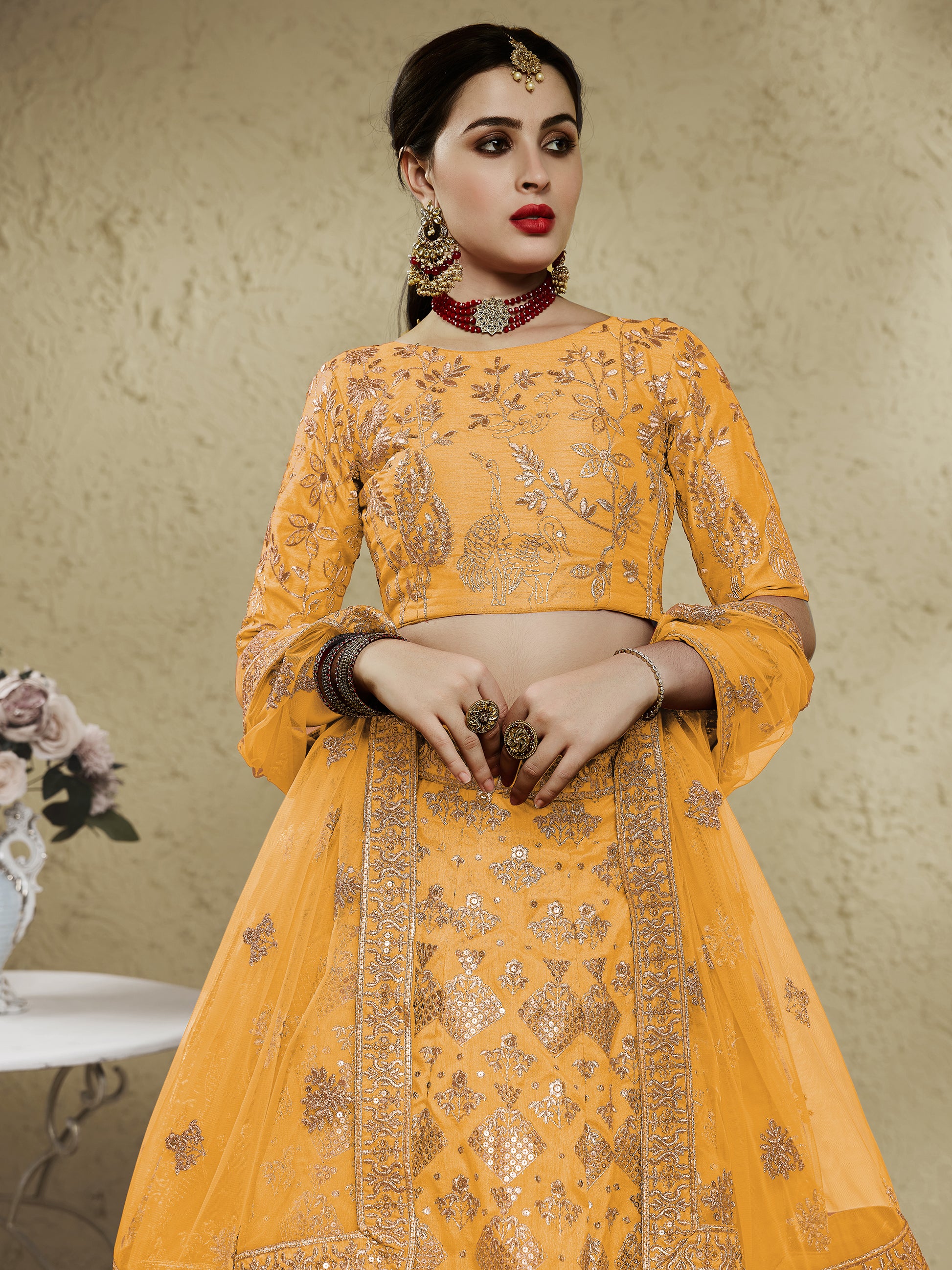 Magnetic Yellow Sequins Embroidered Slub Silk Haldi Wear Lehenga Choli