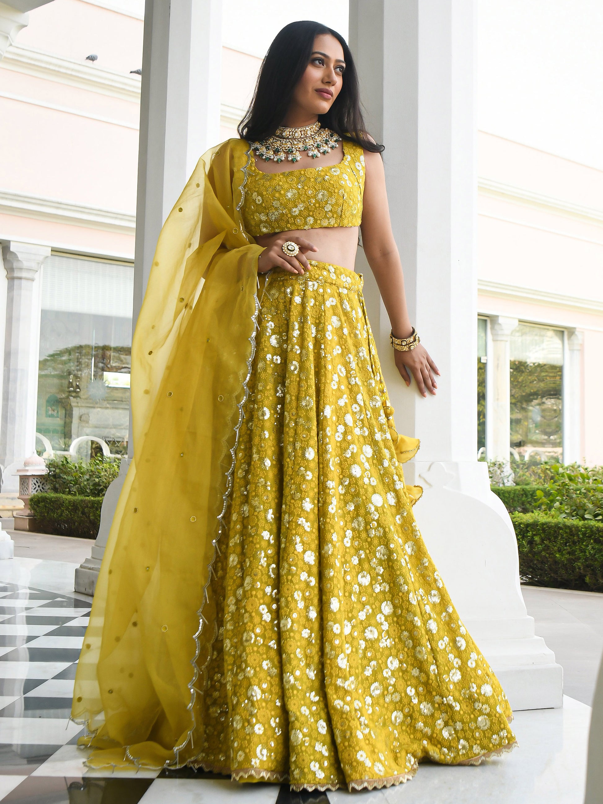 Awesome Yellow Thread Embroidered Georgette Wedding Wear Lehenga Choli