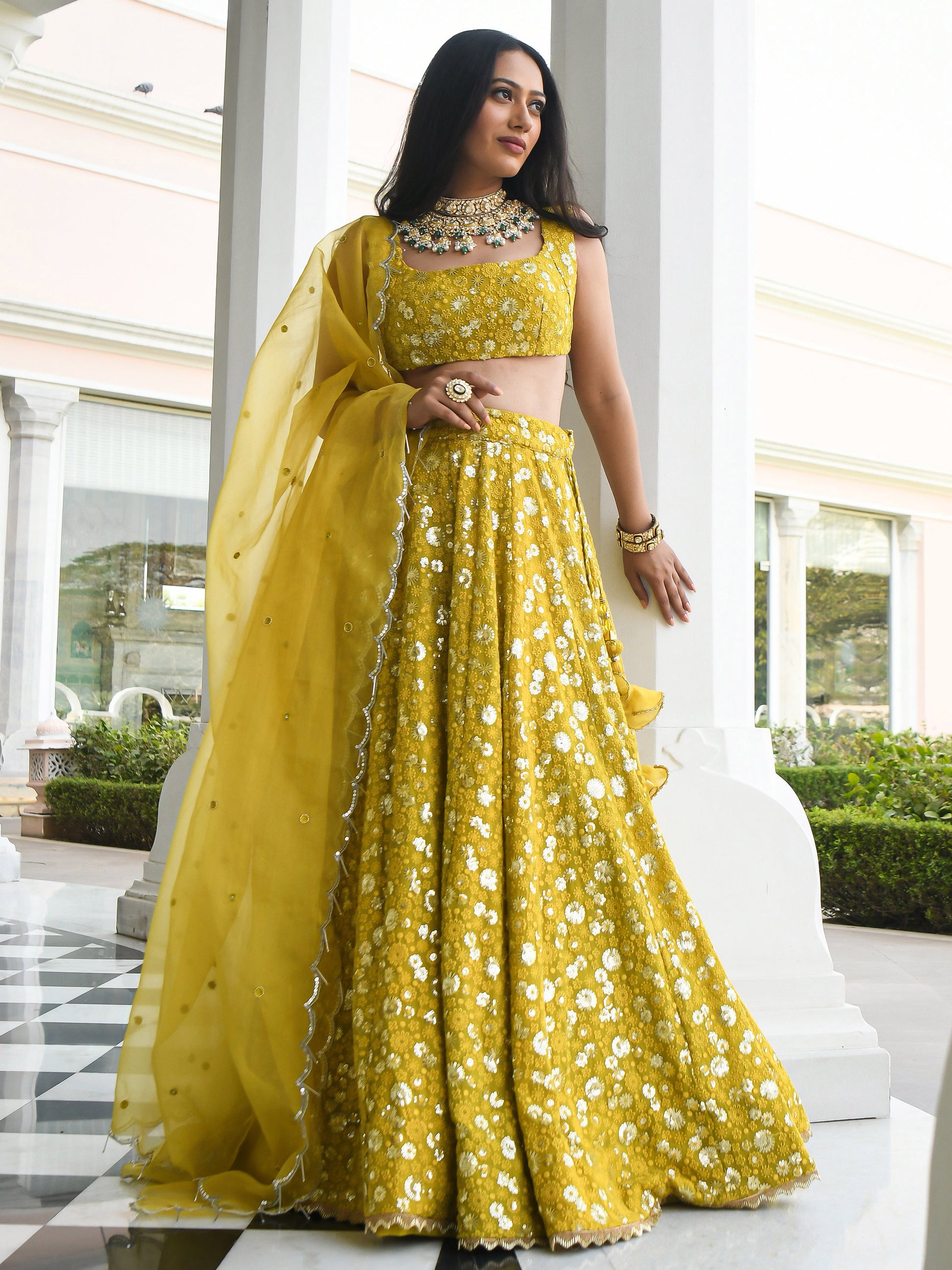 Awesome Yellow Thread Embroidered Georgette Wedding Wear Lehenga Choli