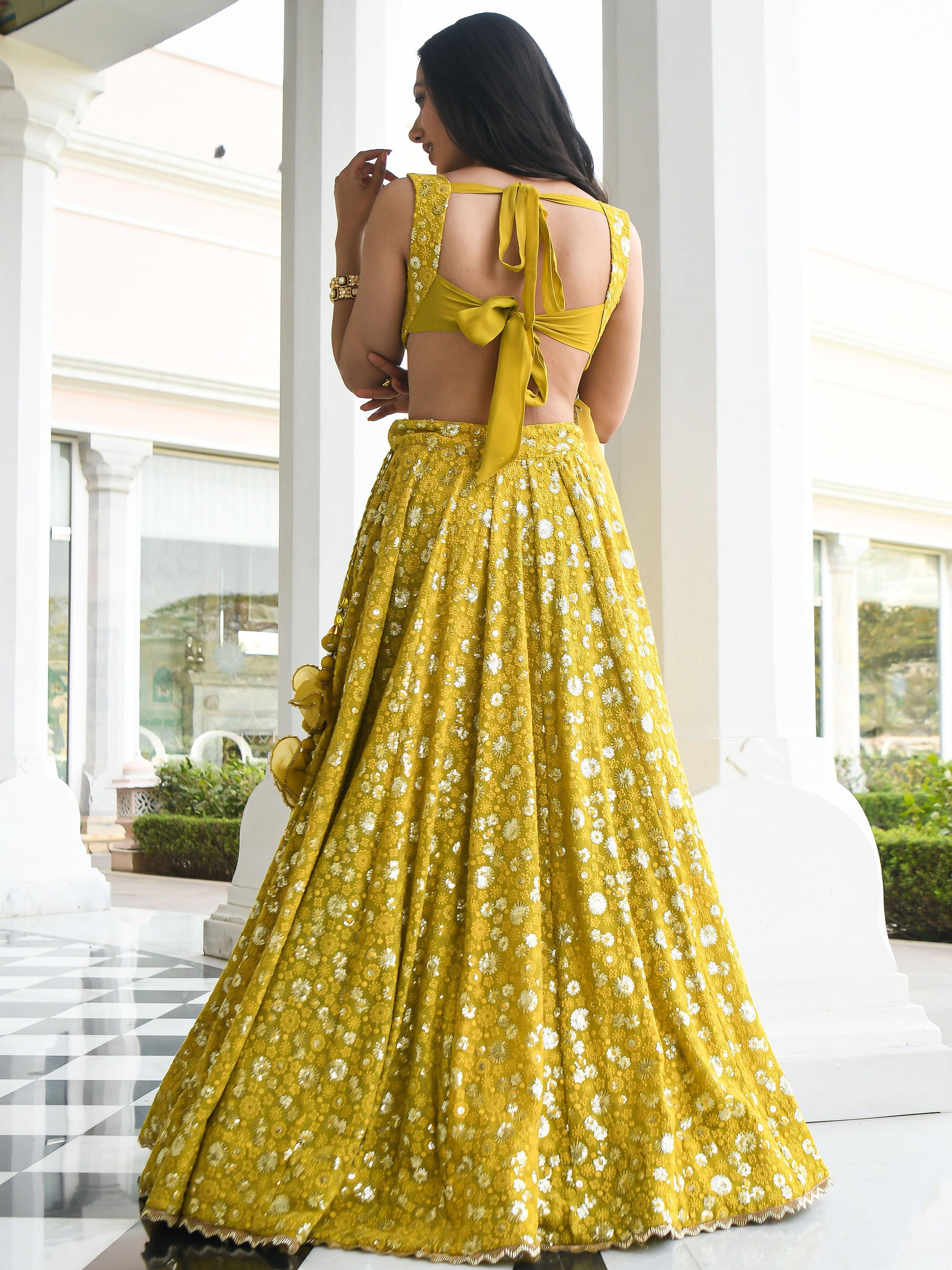 Awesome Yellow Thread Embroidered Georgette Wedding Wear Lehenga Choli
