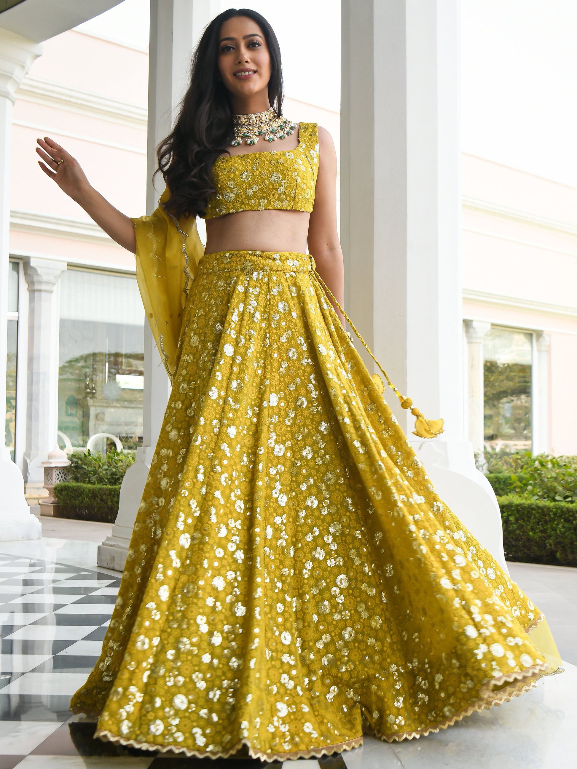 Awesome Yellow Thread Embroidered Georgette Wedding Wear Lehenga Choli