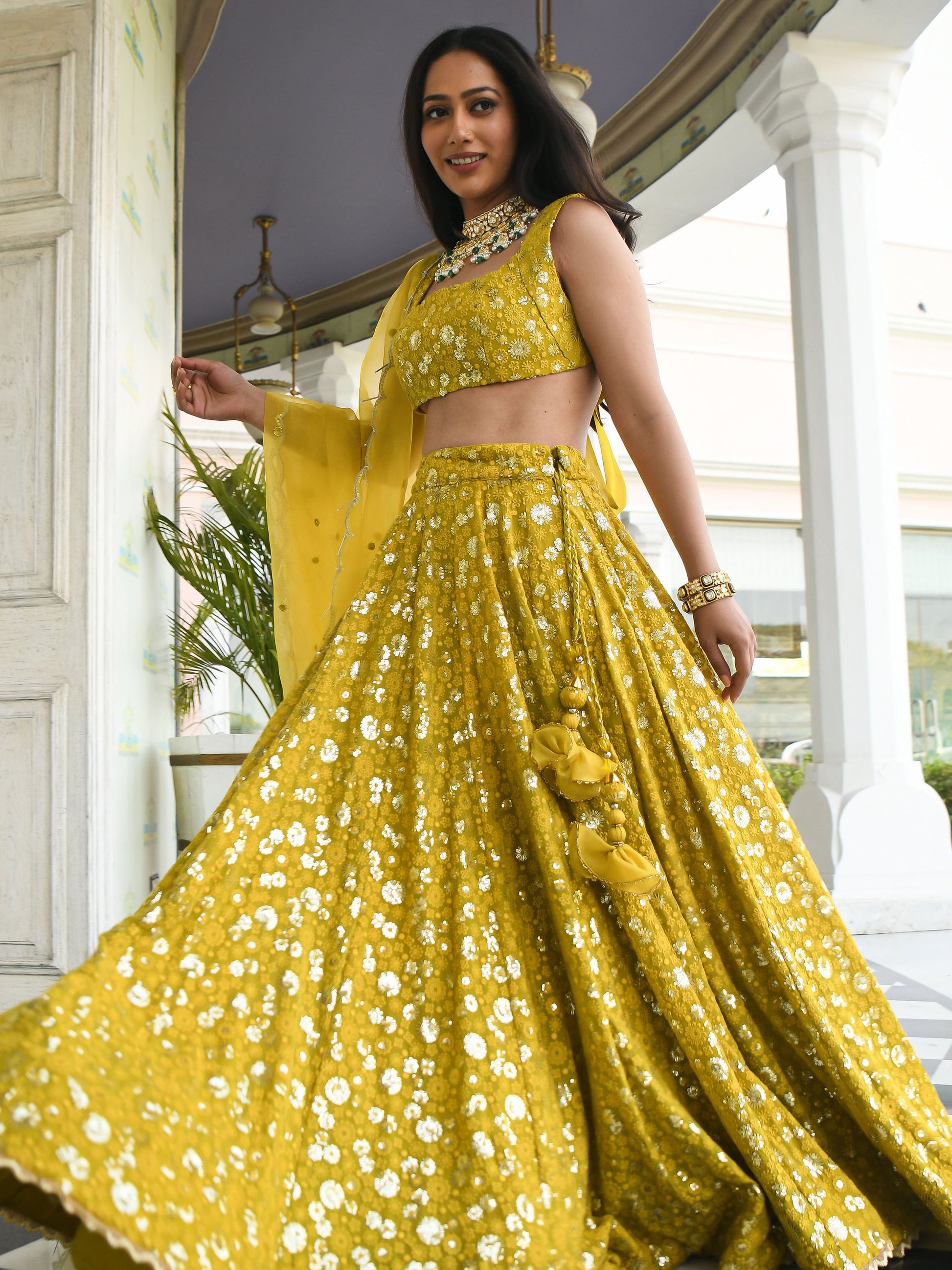 Awesome Yellow Thread Embroidered Georgette Wedding Wear Lehenga Choli