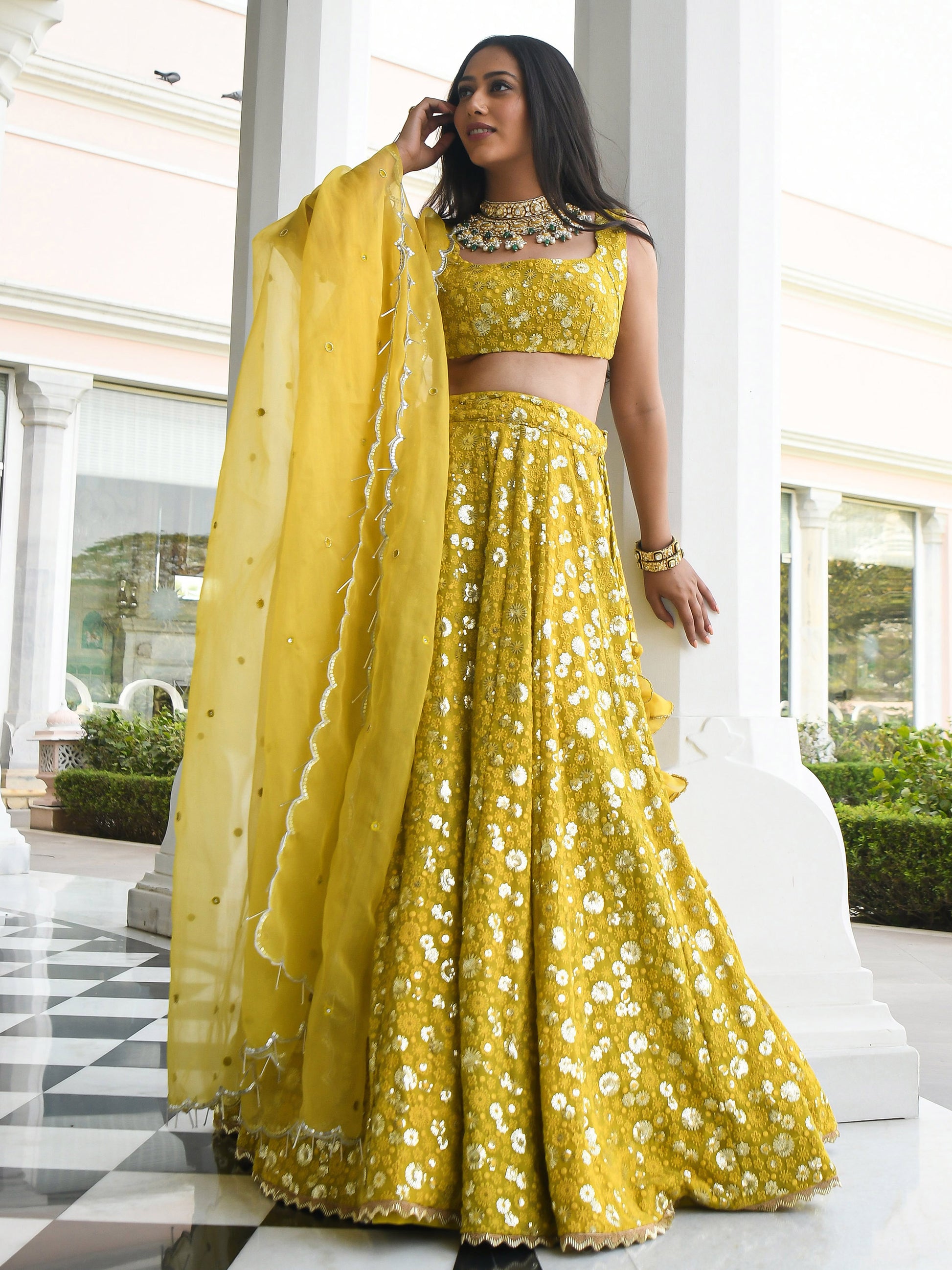 Awesome Yellow Thread Embroidered Georgette Wedding Wear Lehenga Choli