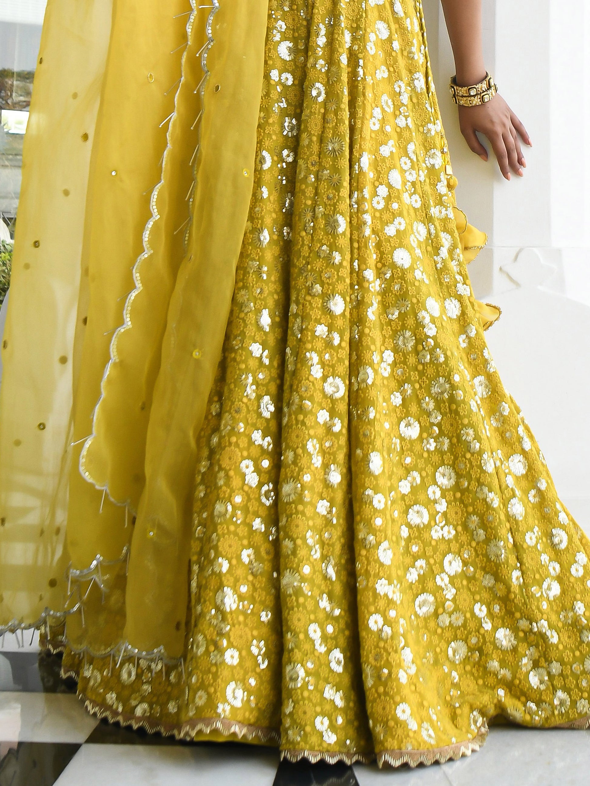 Awesome Yellow Thread Embroidered Georgette Wedding Wear Lehenga Choli