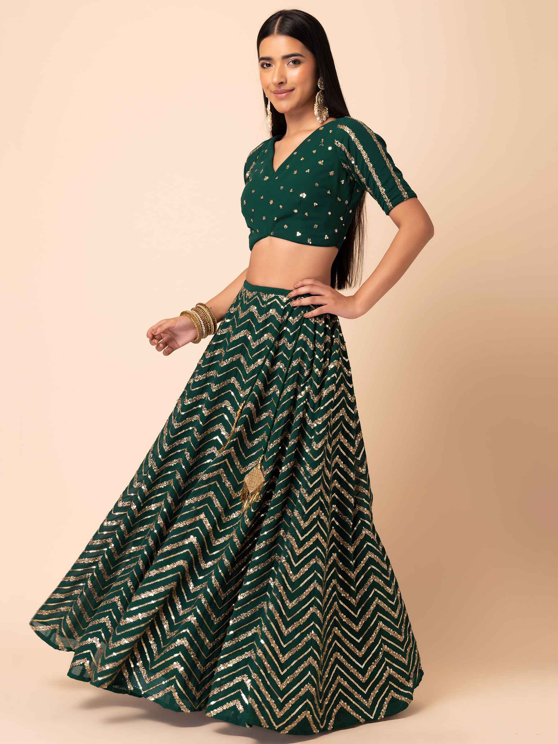 Alluring Green Embroidered Georgette Mehendi Wear Lehenga Choli