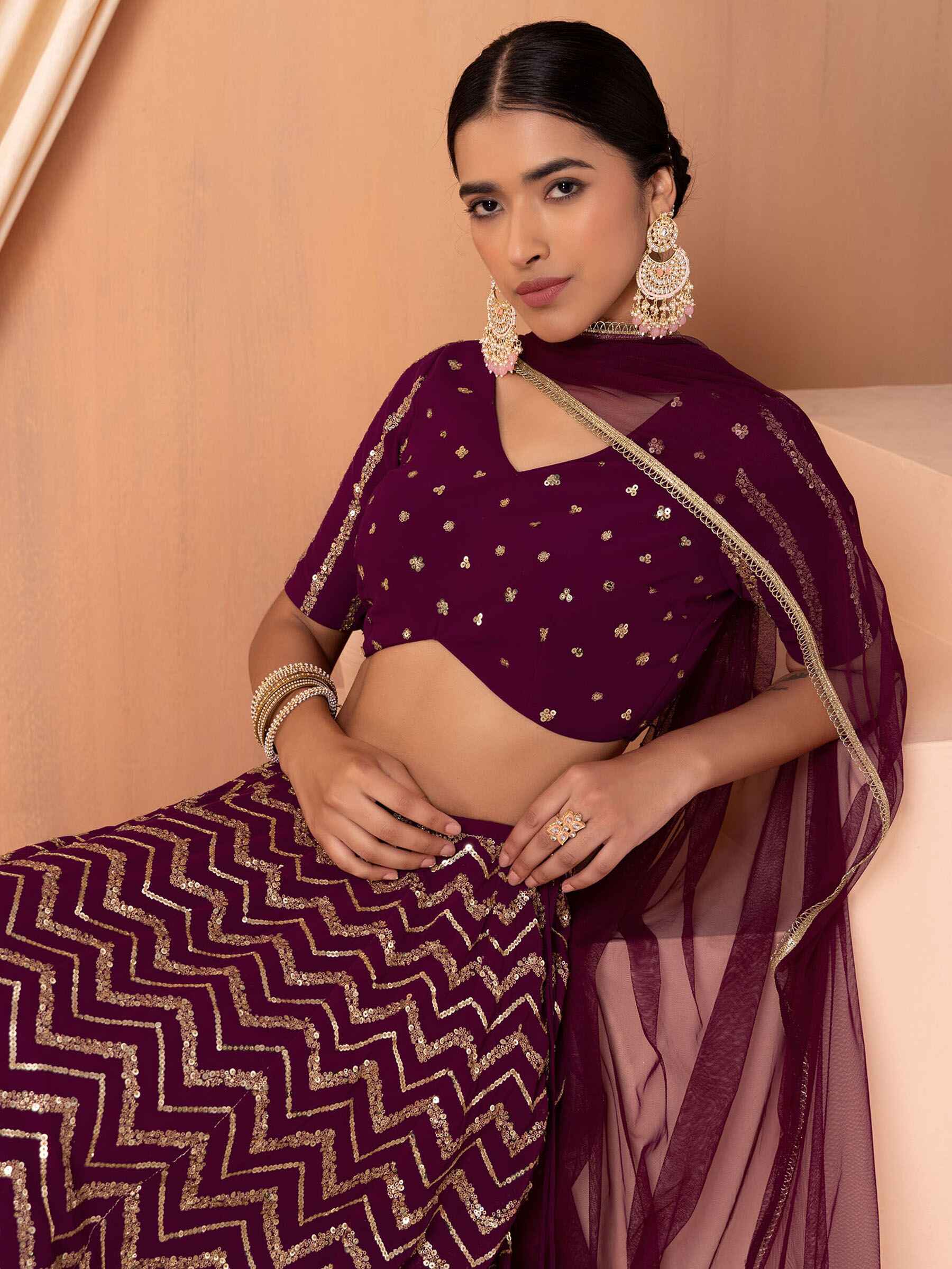 Delightful Maroon Zari Embroidered Georgette Wedding Lehenga Choli