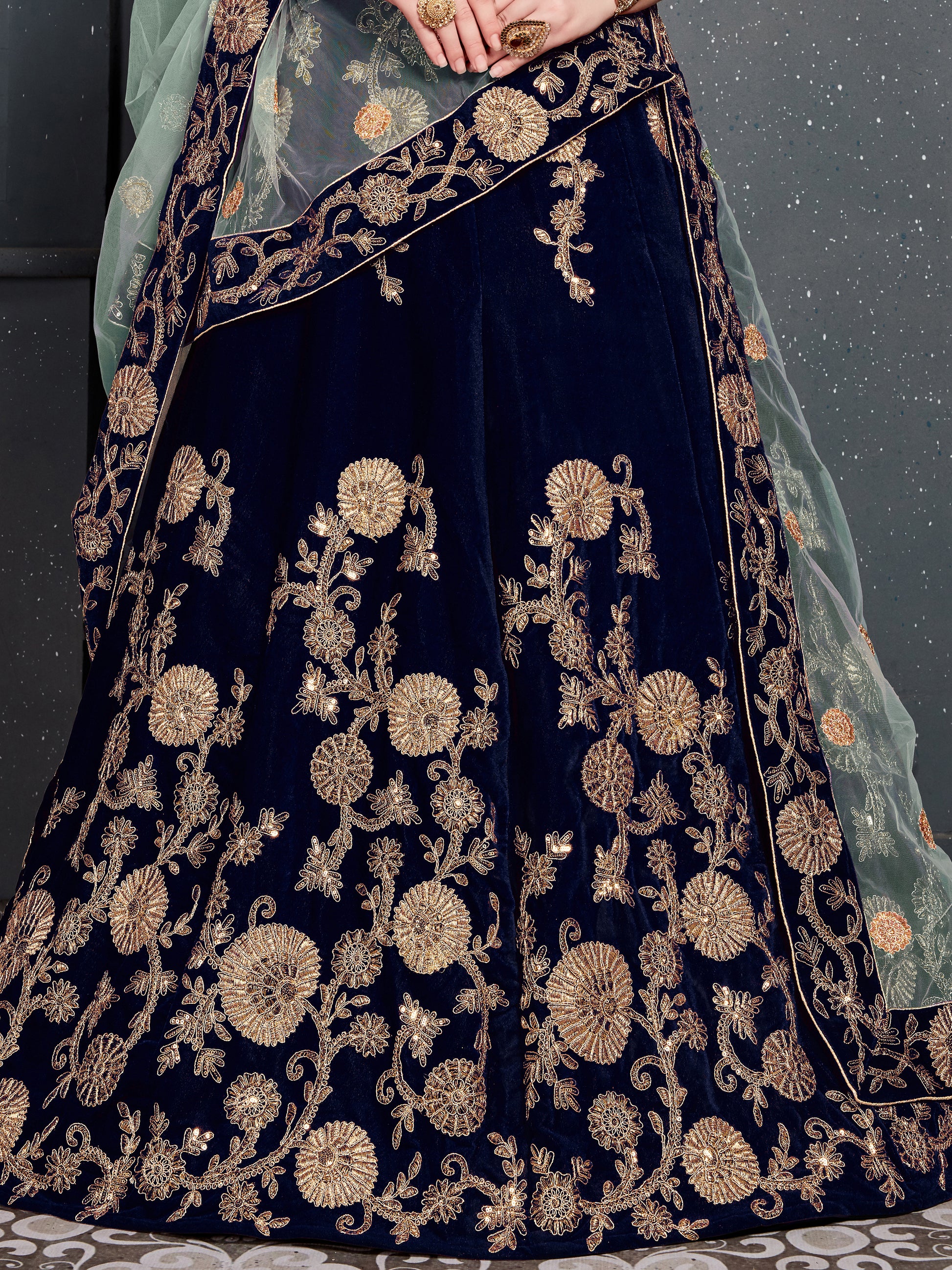 Attractive Navy Blue Zari Embroidered Velvet Wedding Lehenga Choli