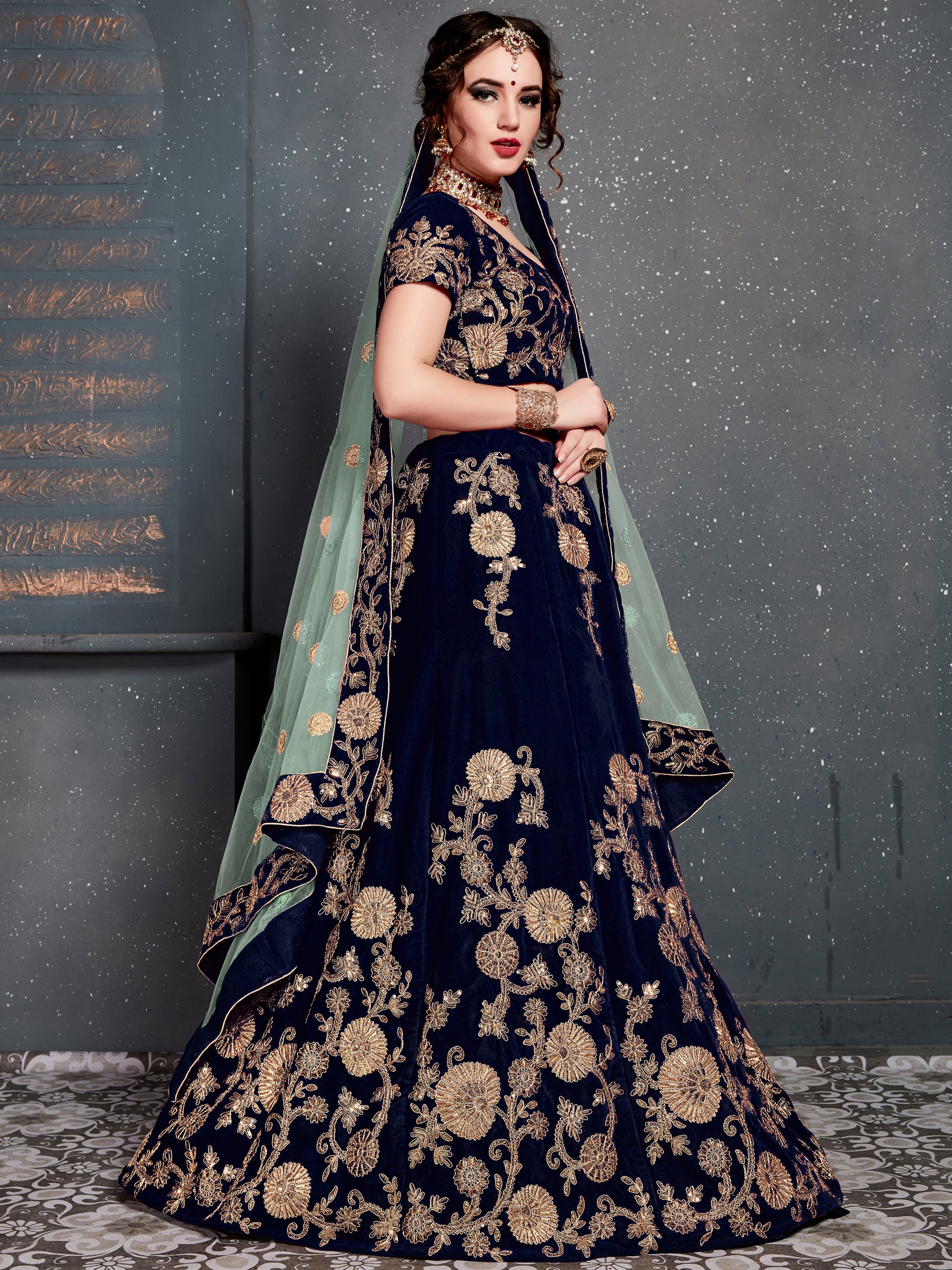 Attractive Navy Blue Zari Embroidered Velvet Wedding Lehenga Choli