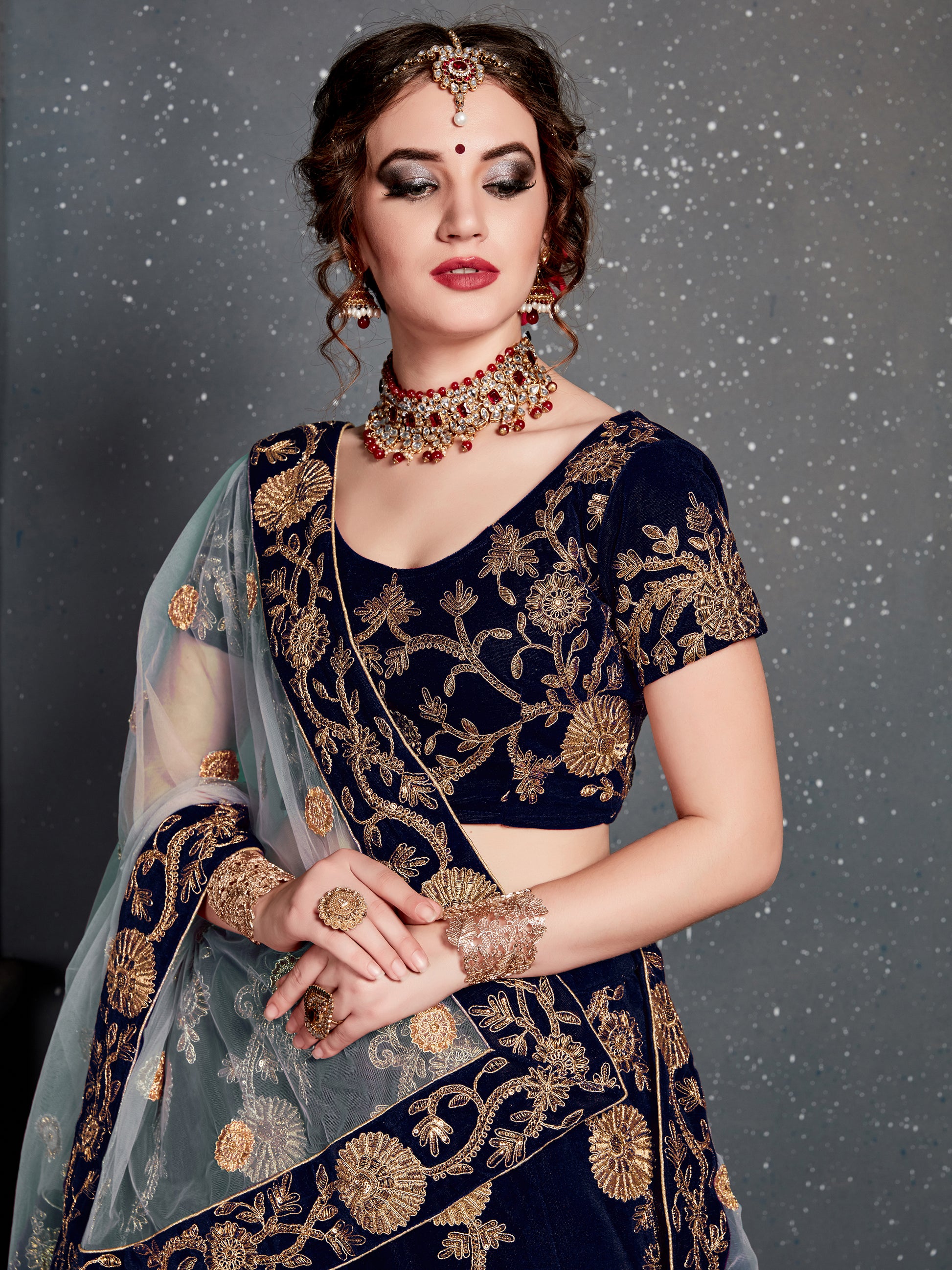 Attractive Navy Blue Zari Embroidered Velvet Wedding Lehenga Choli