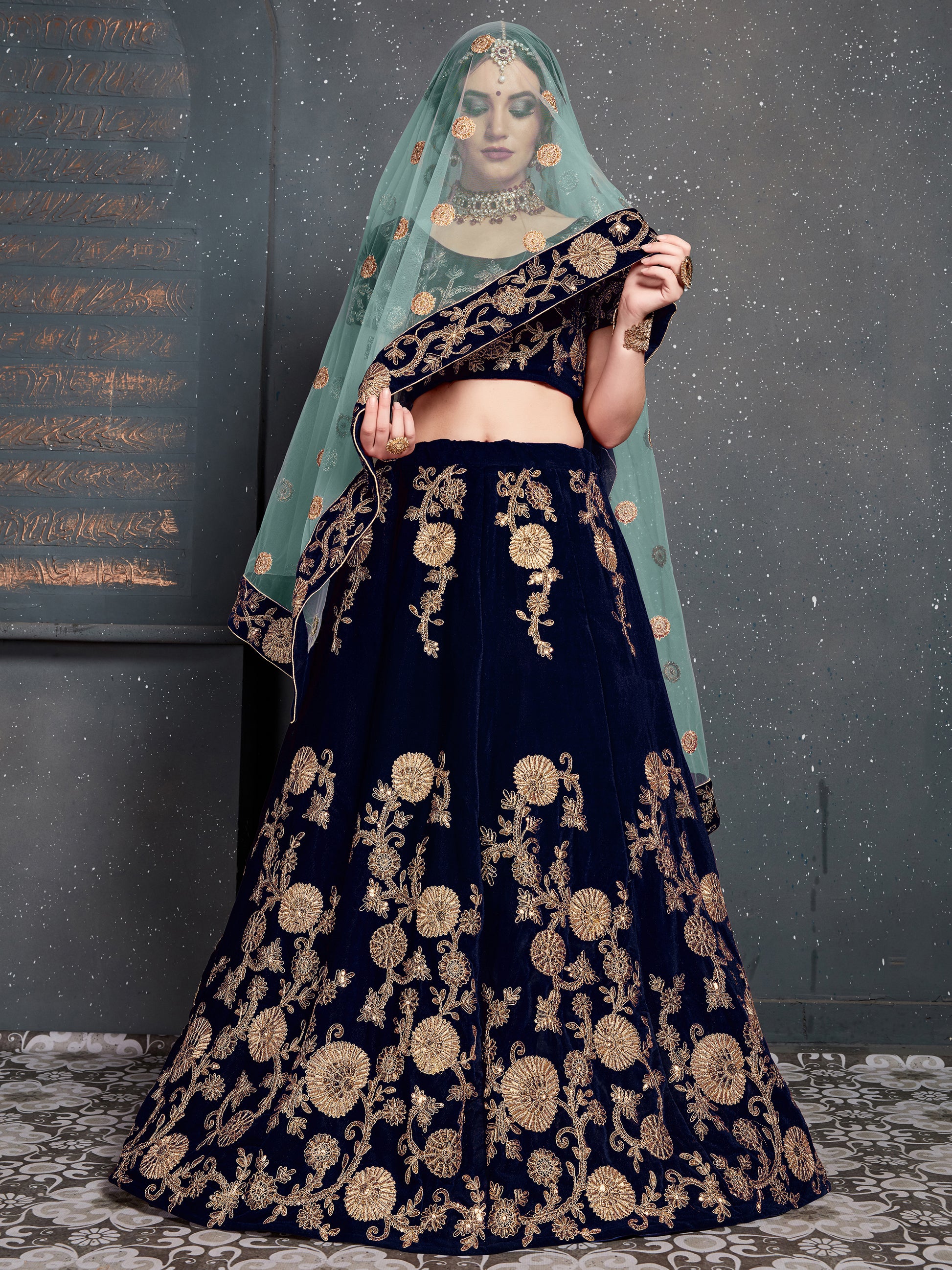 Attractive Navy Blue Zari Embroidered Velvet Wedding Lehenga Choli