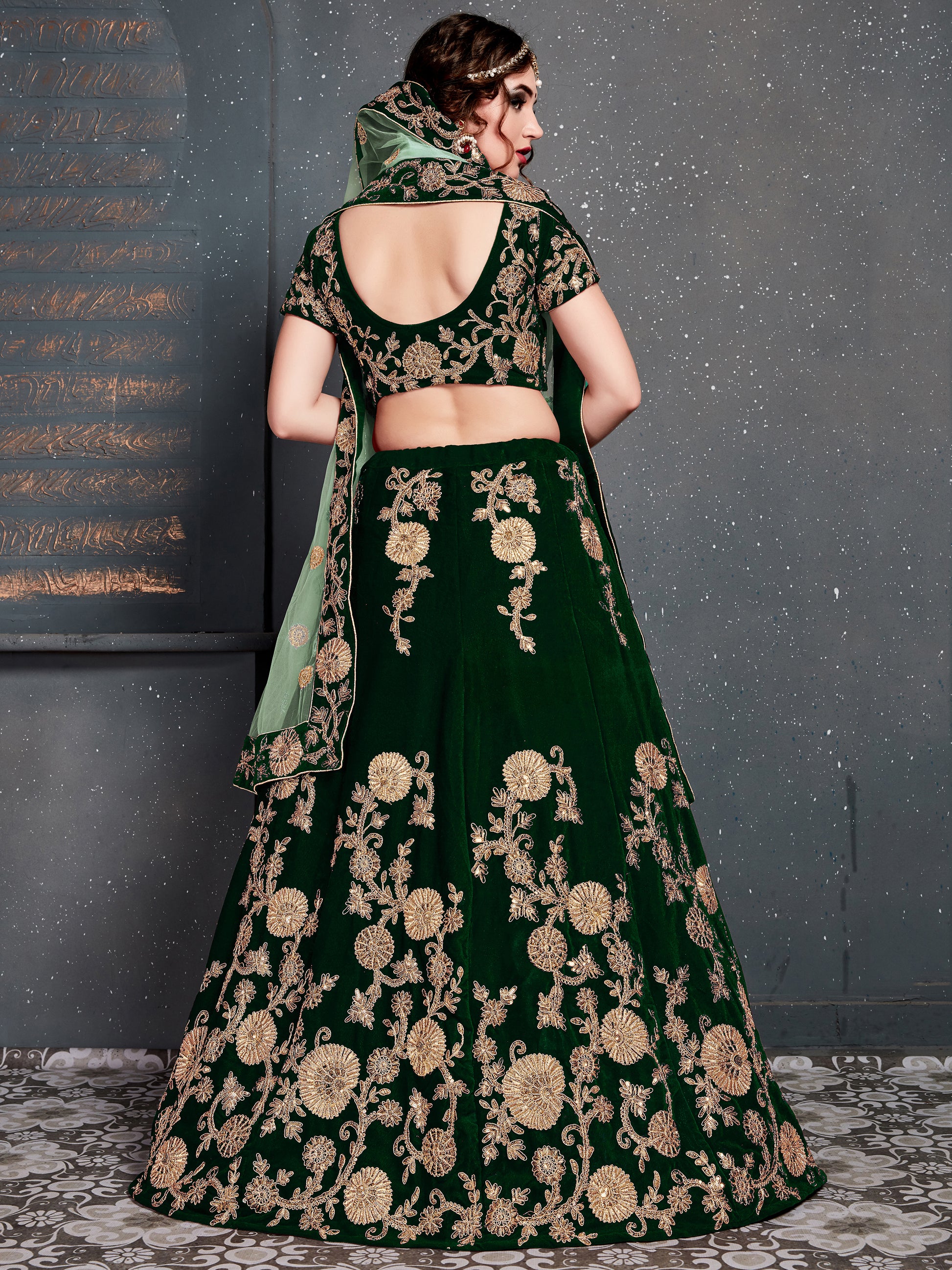Lovely Dark Green Zari Embroidered Velvet Lehenga Choli With Dupatta