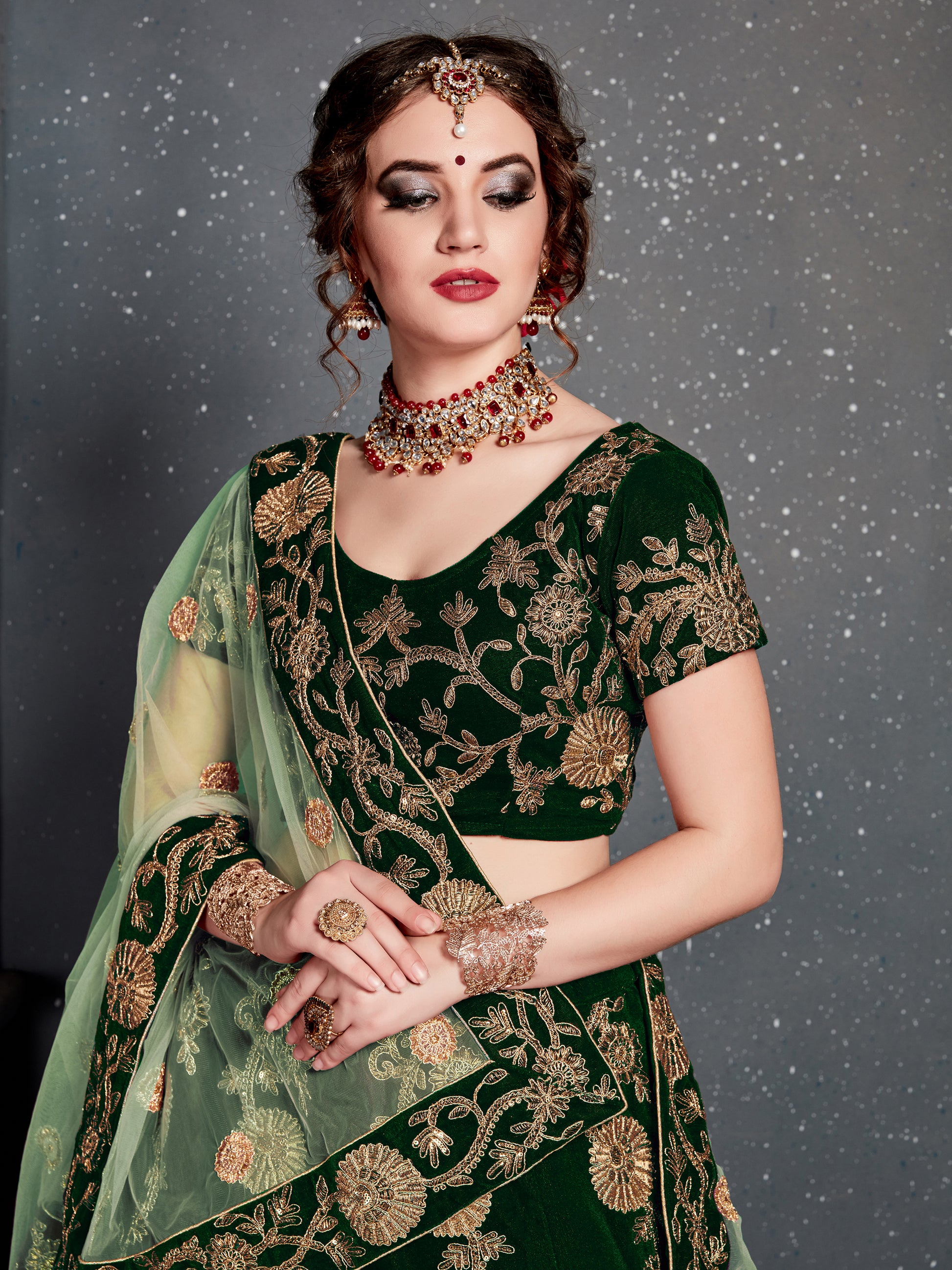 Lovely Dark Green Zari Embroidered Velvet Lehenga Choli With Dupatta