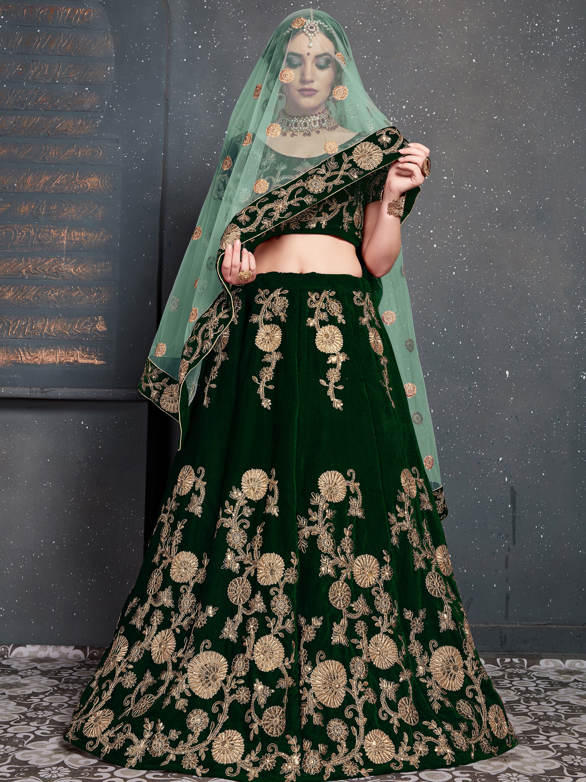 Lovely Dark Green Zari Embroidered Velvet Lehenga Choli With Dupatta