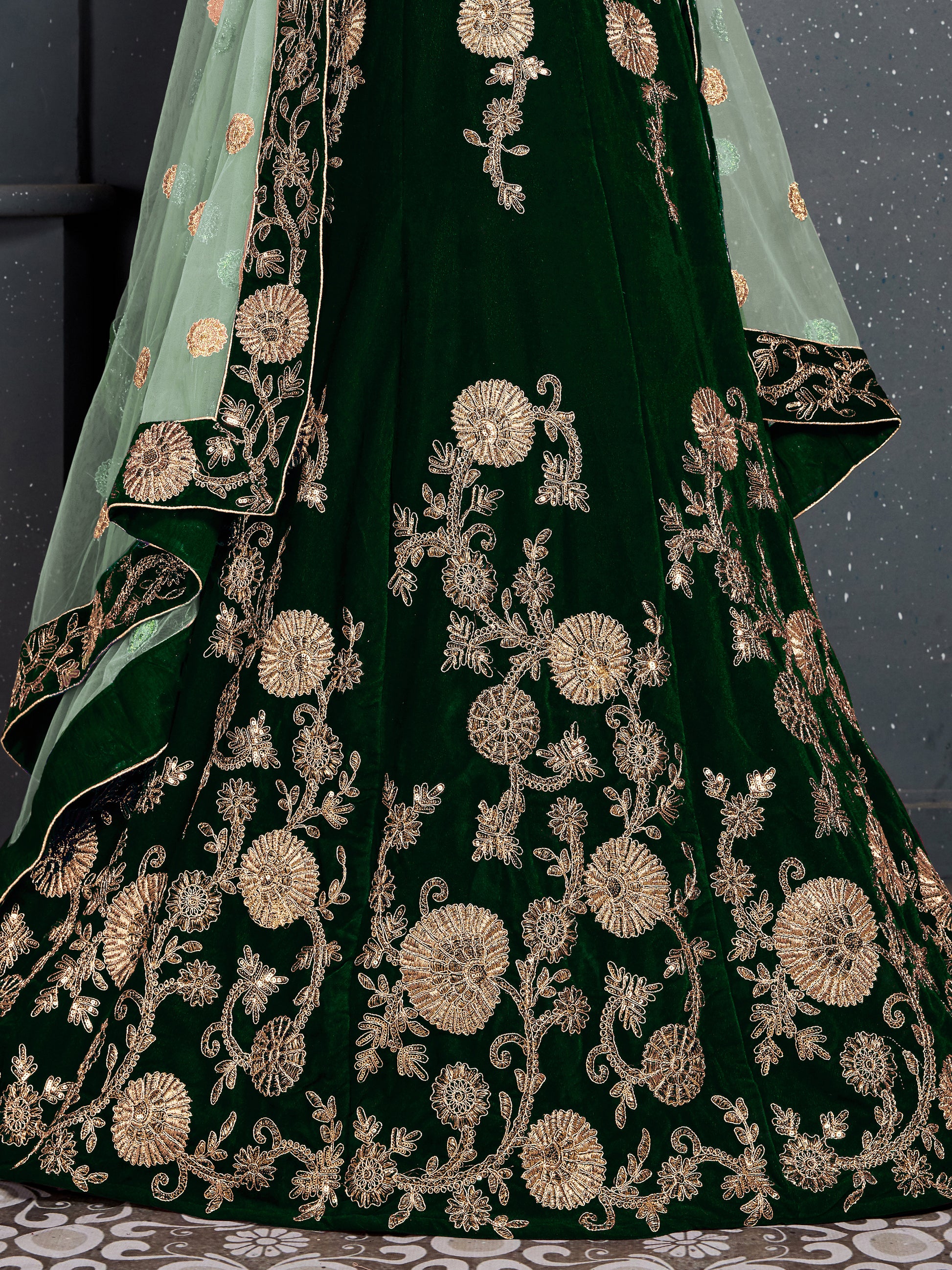 Lovely Dark Green Zari Embroidered Velvet Lehenga Choli With Dupatta