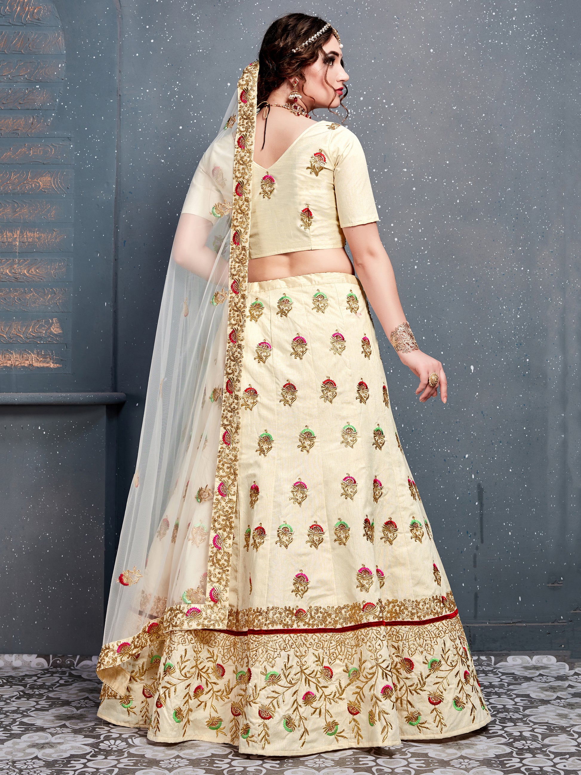 Charming Cream Zari Embroidered Silk Wedding Lehenga Choli