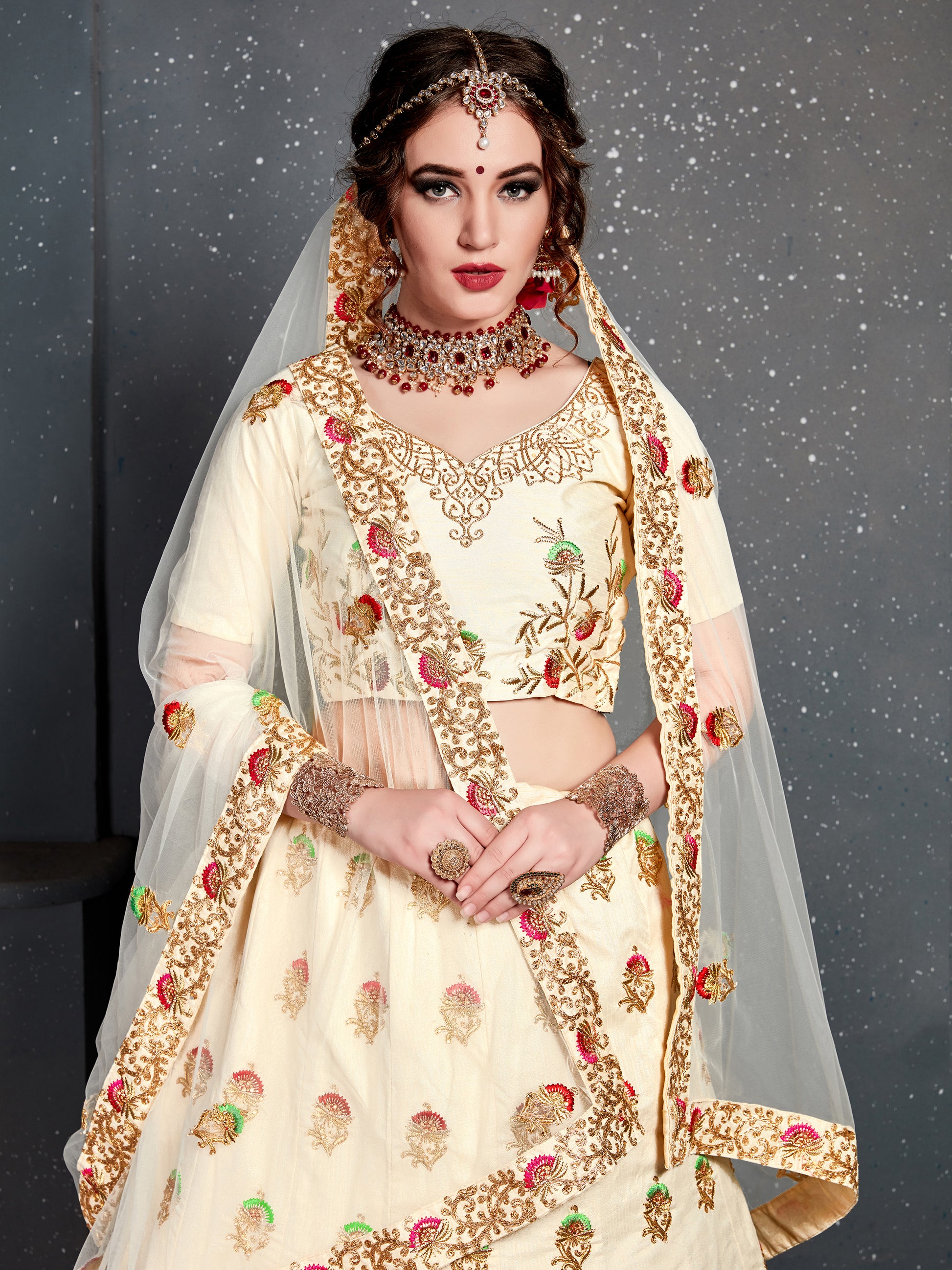 Charming Cream Zari Embroidered Silk Wedding Lehenga Choli