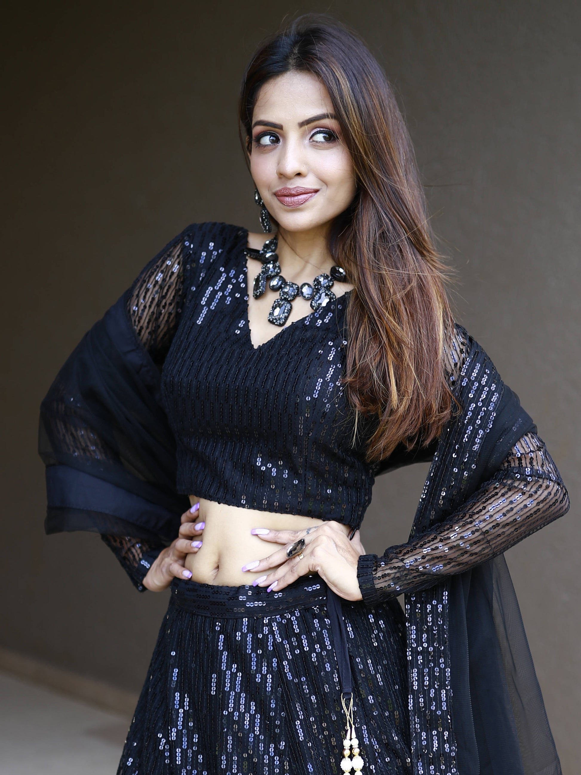 Incredible Black Sequins Net Reception Wear Lehenga Choli With Dupatta