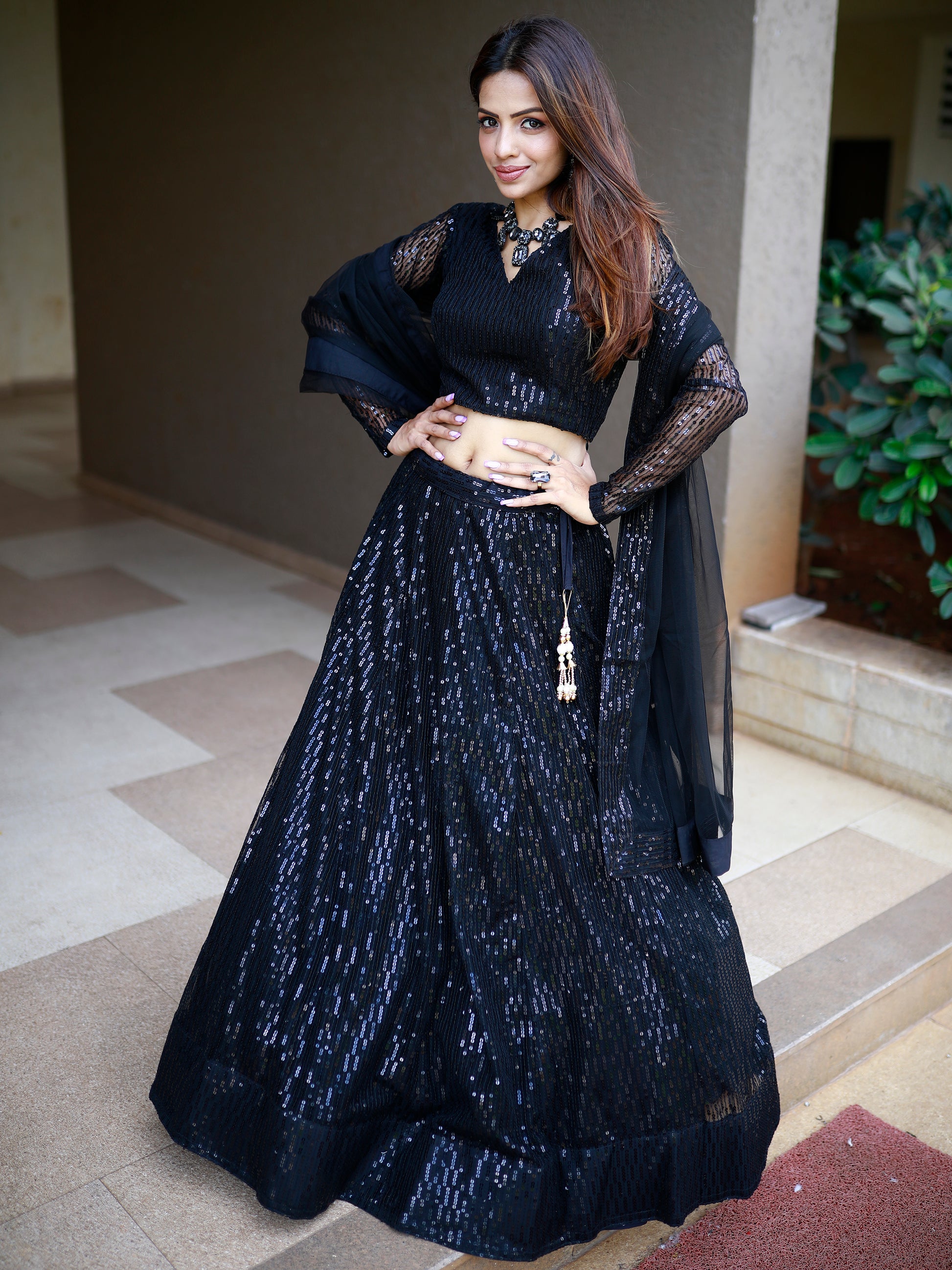 Incredible Black Sequins Net Reception Wear Lehenga Choli With Dupatta