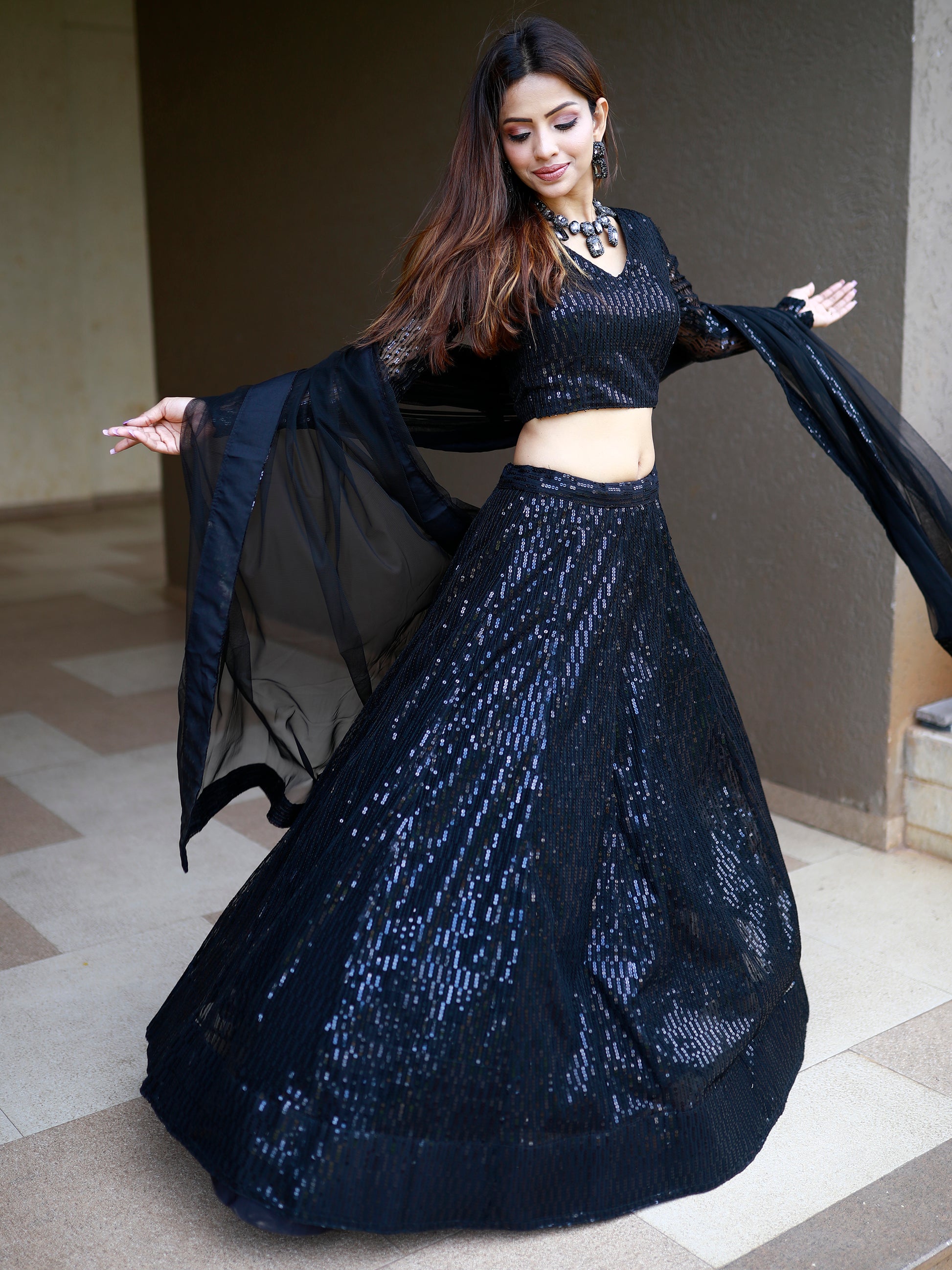 Incredible Black Sequins Net Reception Wear Lehenga Choli With Dupatta