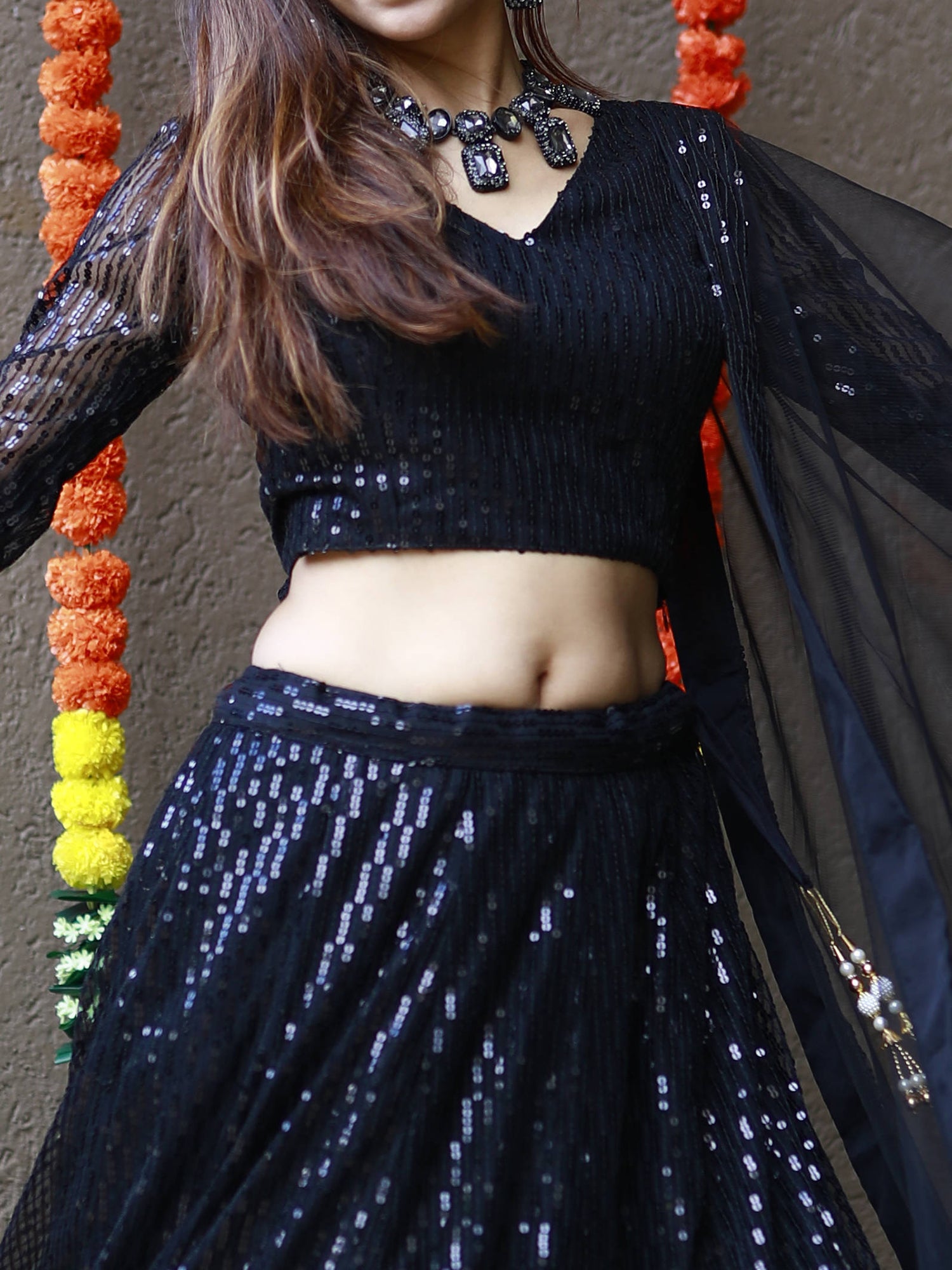 Incredible Black Sequins Net Reception Wear Lehenga Choli With Dupatta