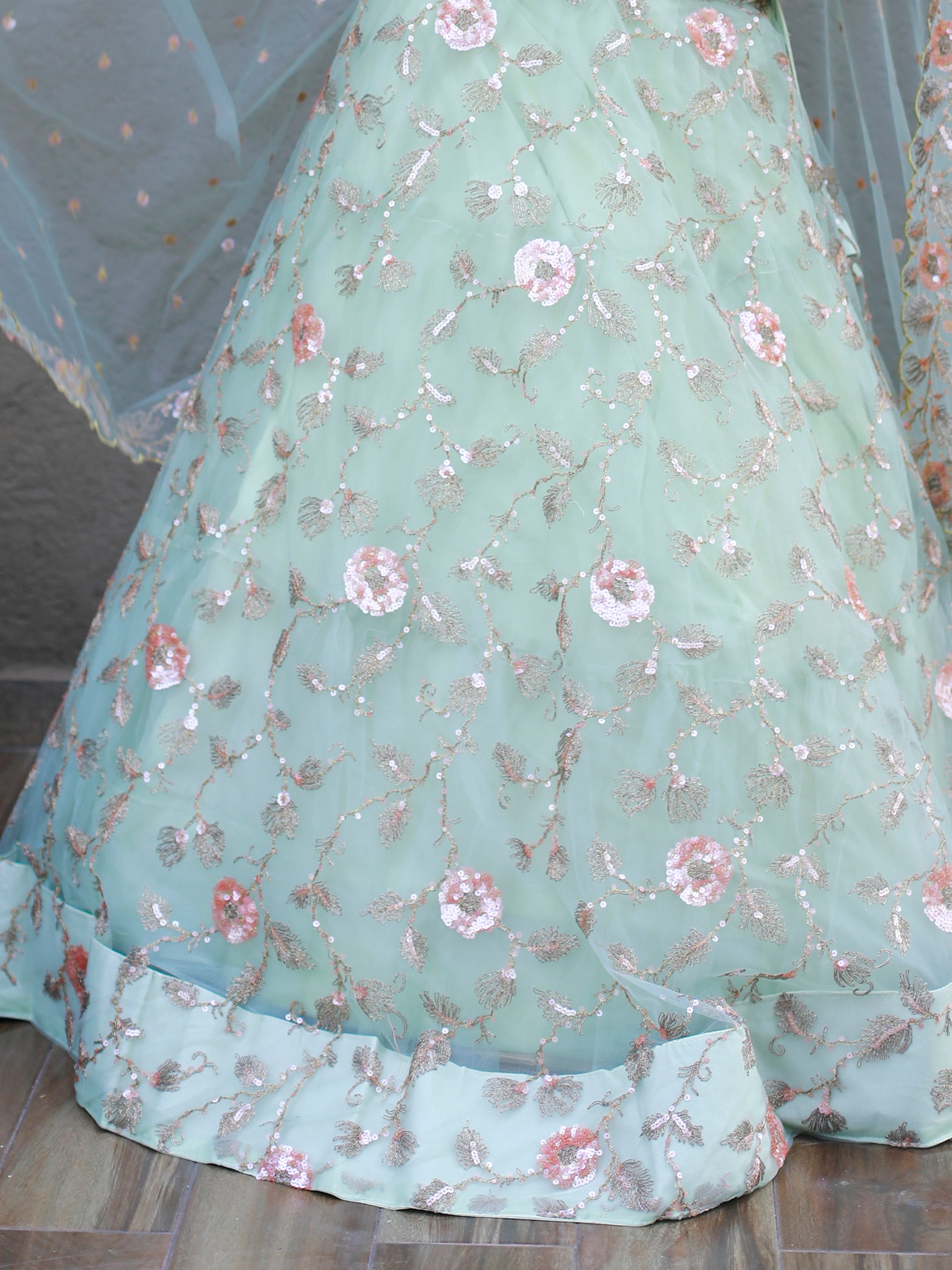 Sweet Pista Green Thread Embroidered Net Designer Lehenga Choli