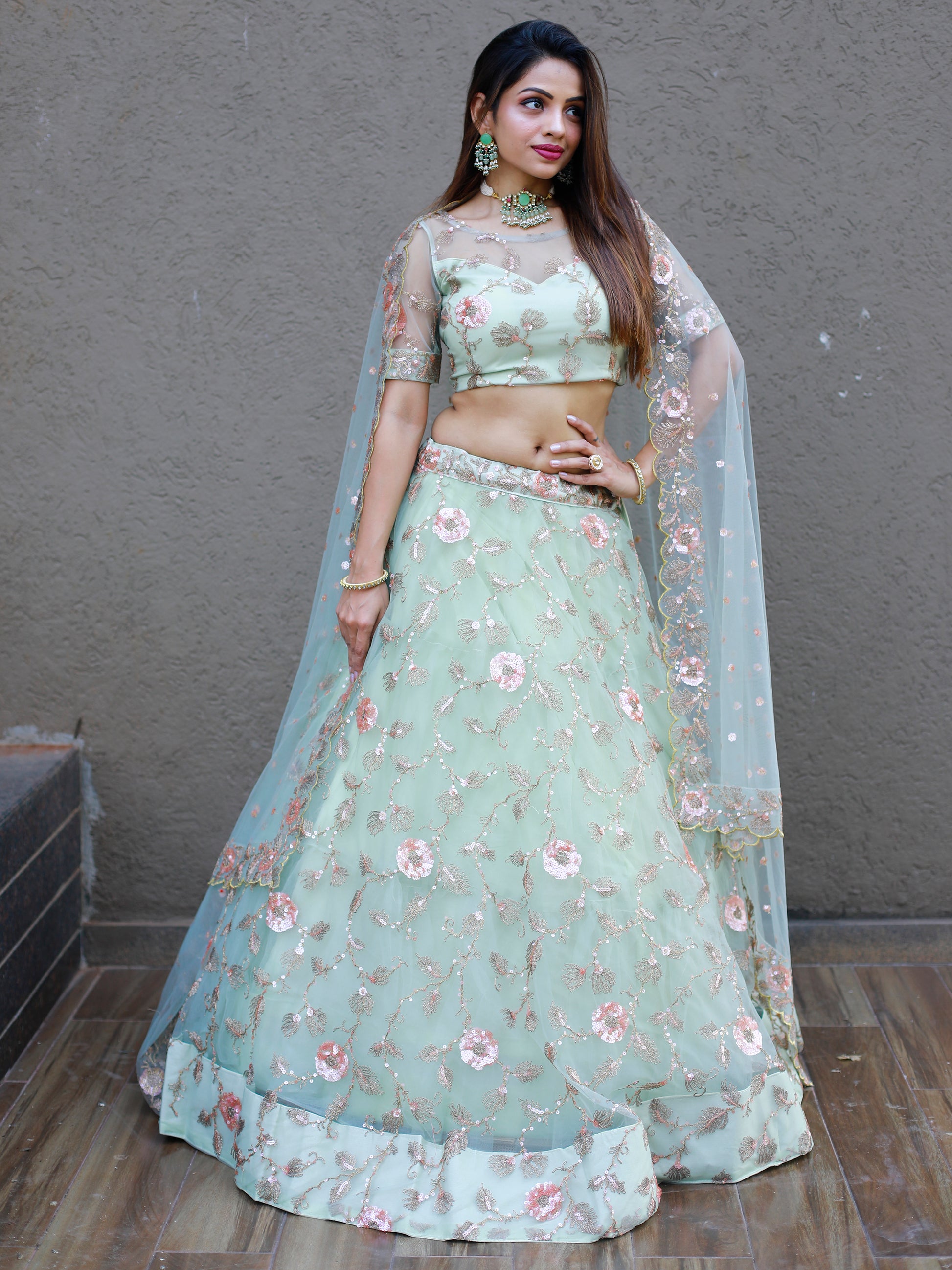Sweet Pista Green Thread Embroidered Net Designer Lehenga Choli
