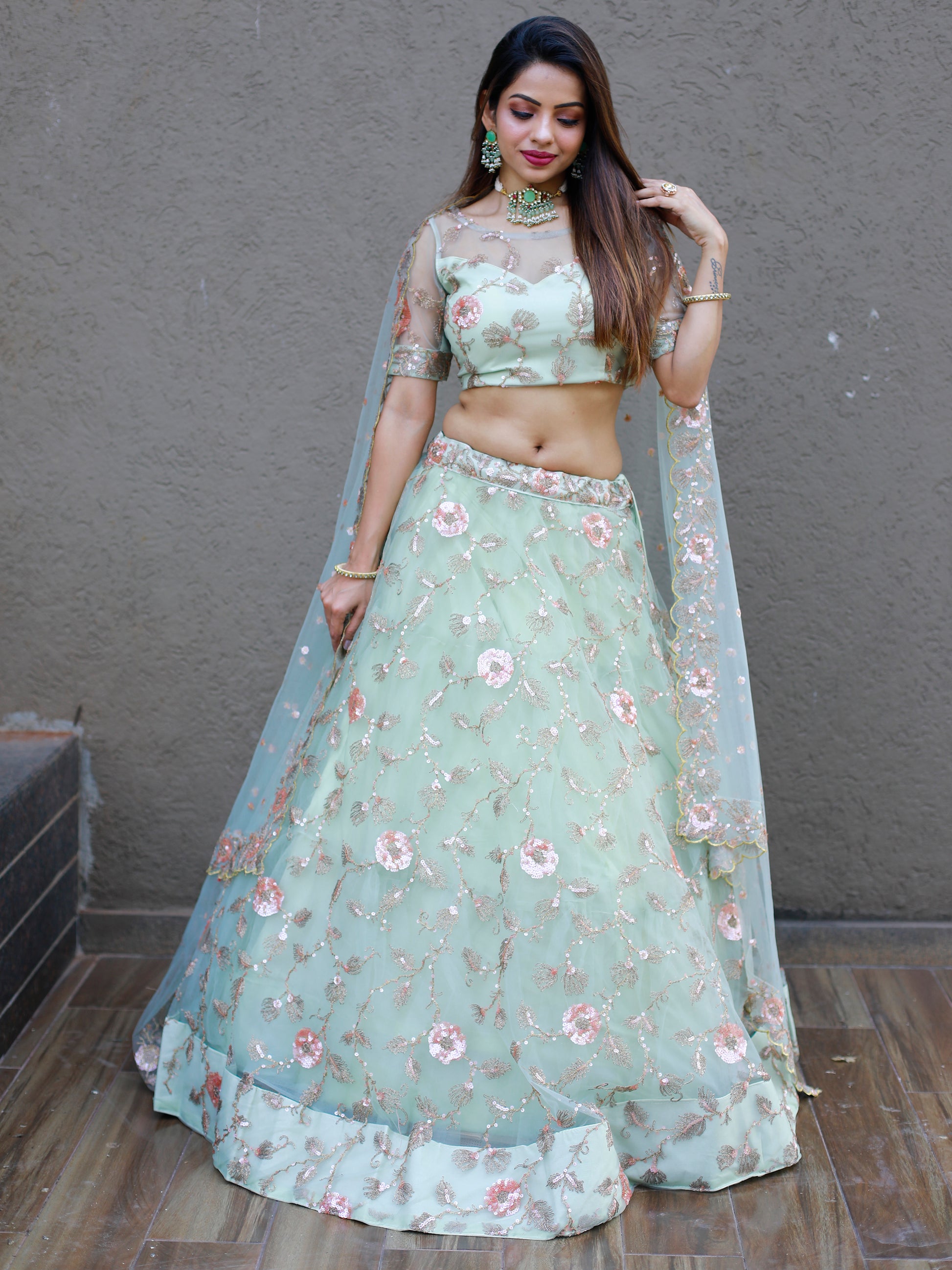 Sweet Pista Green Thread Embroidered Net Designer Lehenga Choli
