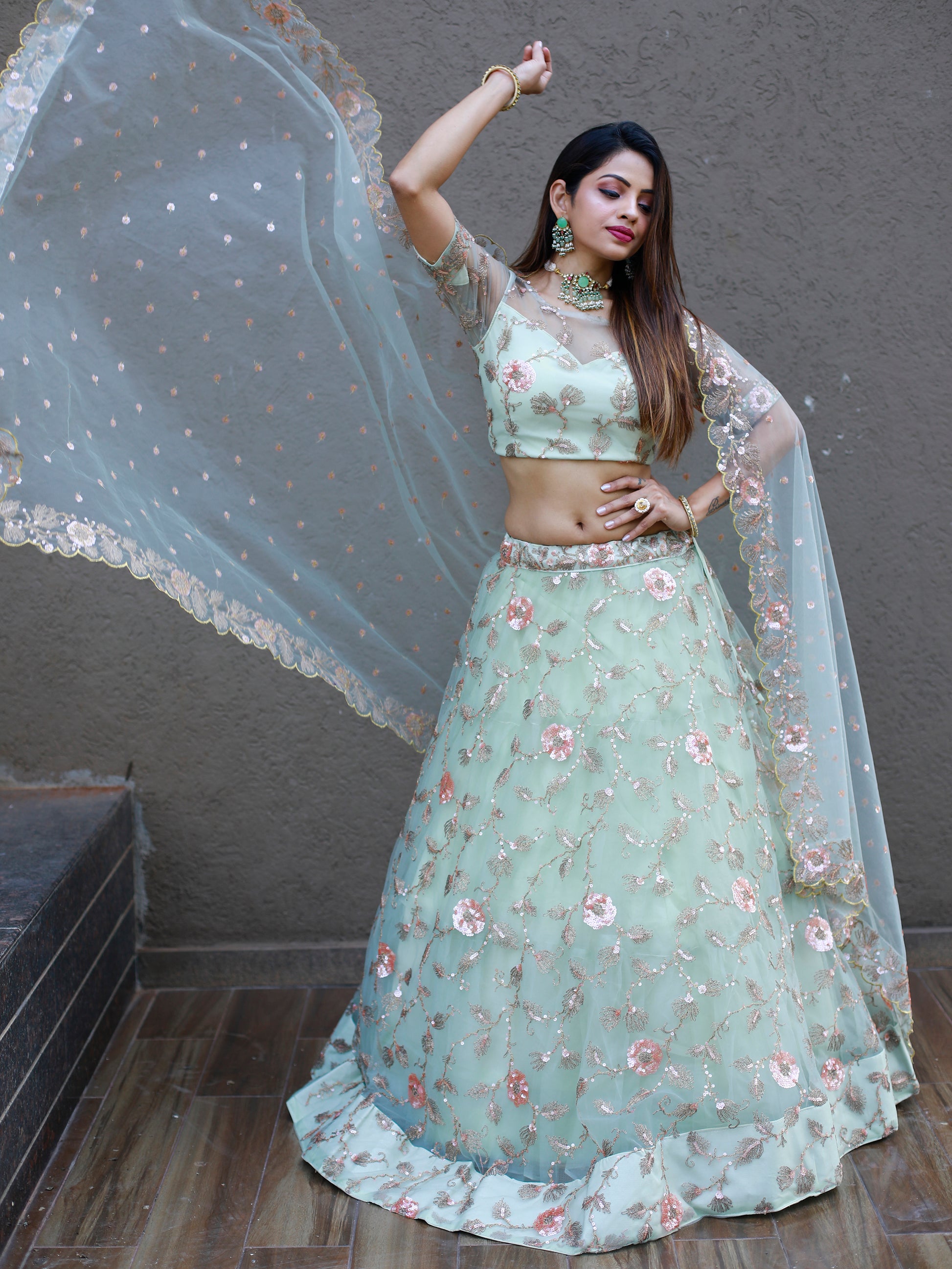 Sweet Pista Green Thread Embroidered Net Designer Lehenga Choli