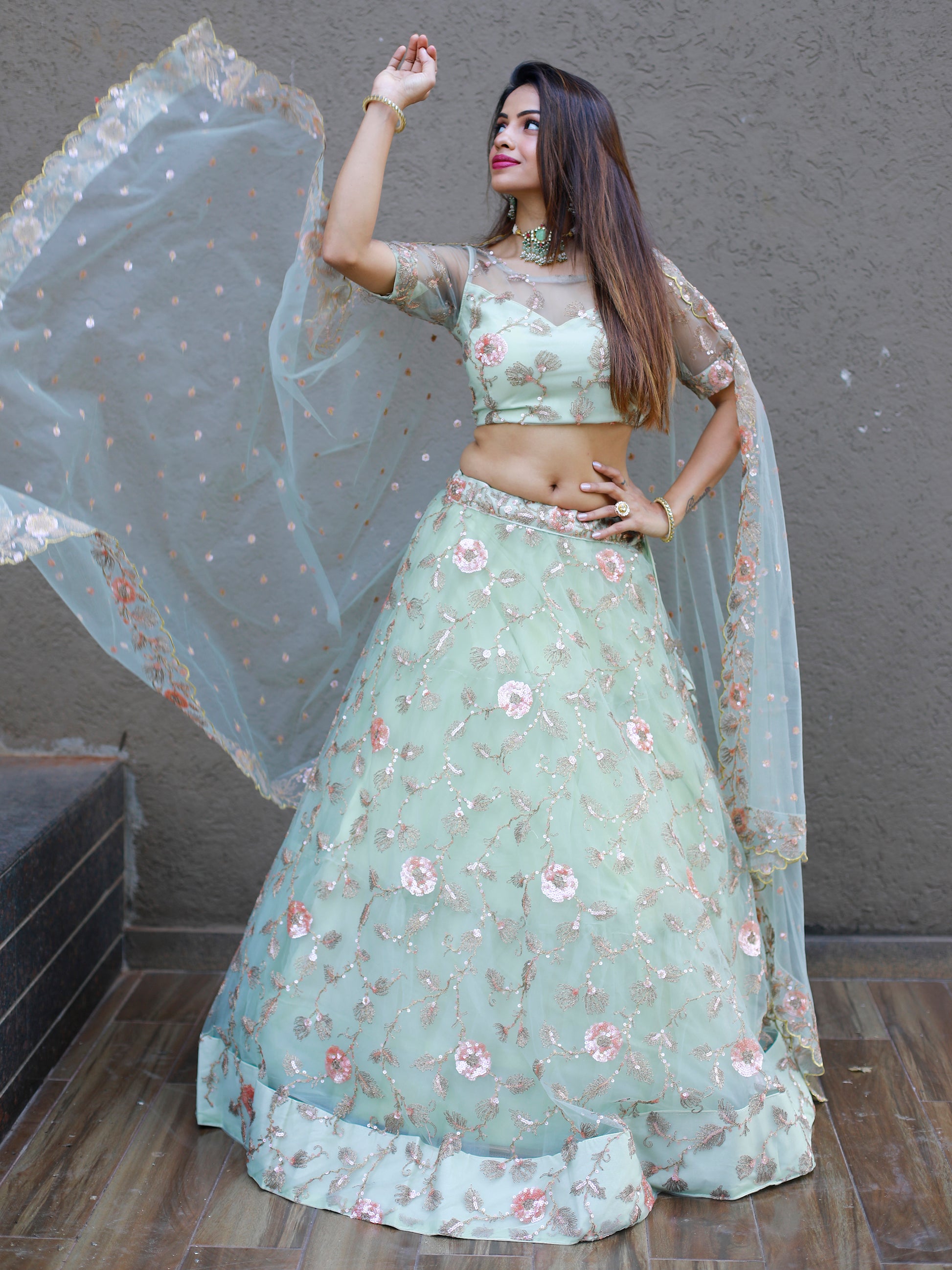 Sweet Pista Green Thread Embroidered Net Designer Lehenga Choli