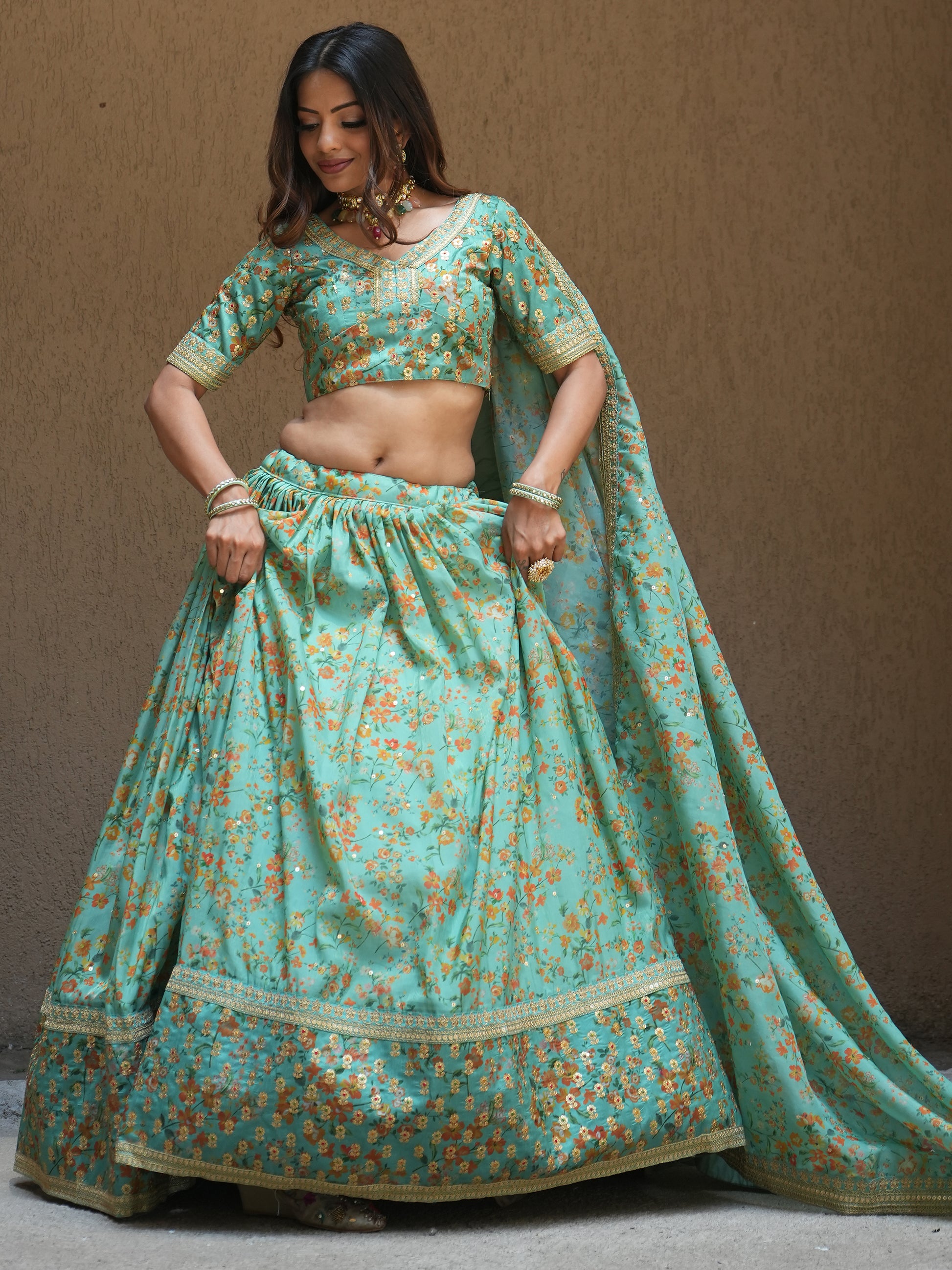 Alluring Sea Green Floral Printed Organza Lehenga Choli With Dupatta