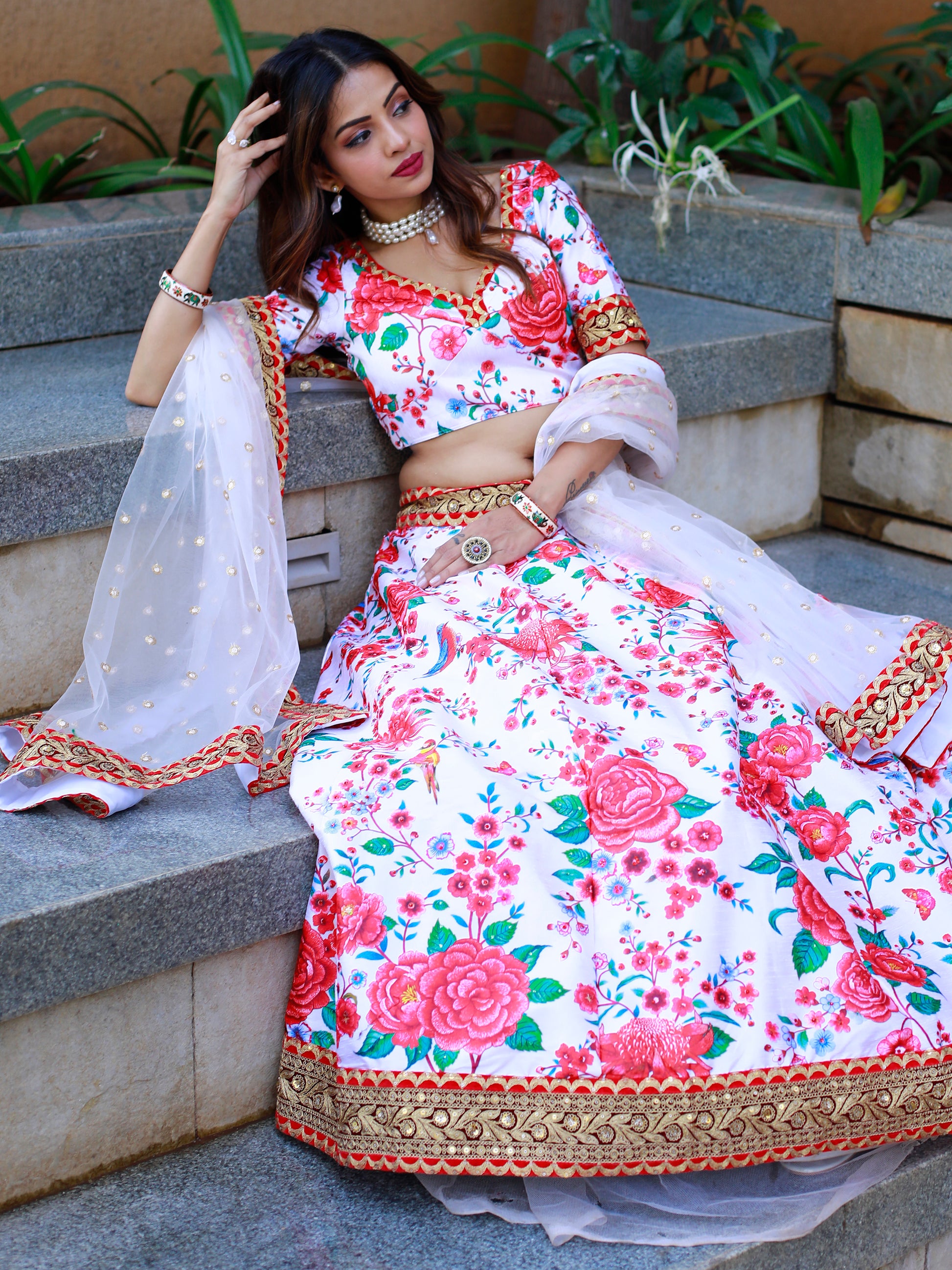Mesmerizing Off White Floral Printed Art Silk Sangeet Wear Lehenga Choli