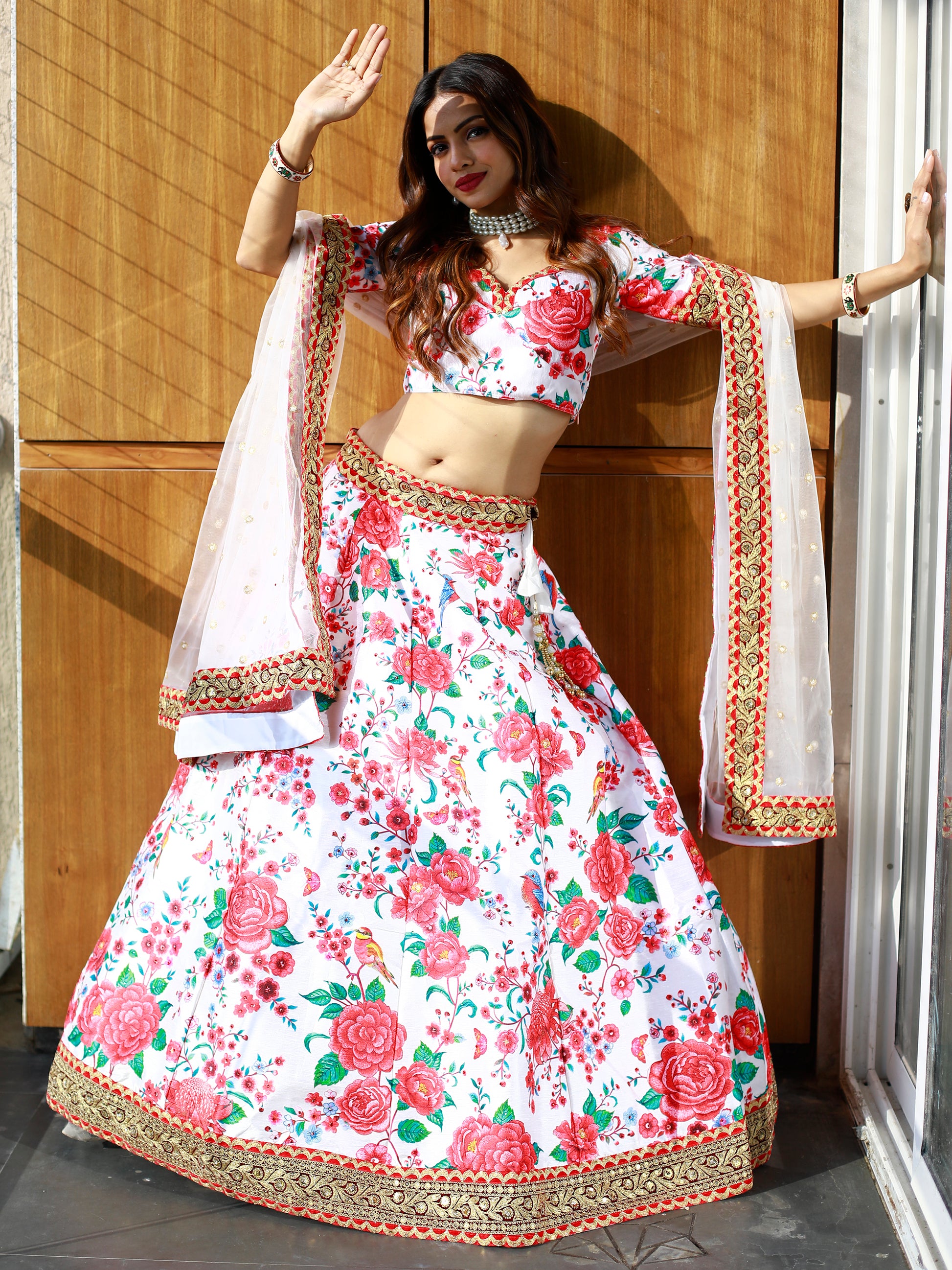 Mesmerizing Off White Floral Printed Art Silk Sangeet Wear Lehenga Choli